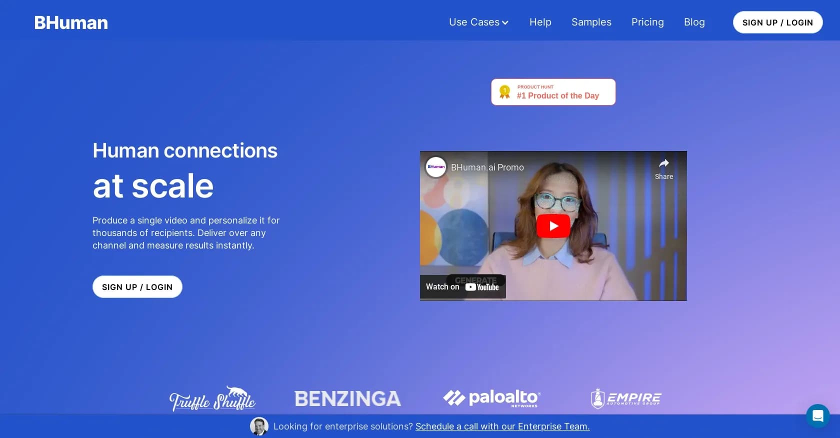 BHuman homepage screenshot — AI-powered personalized videos at scale.