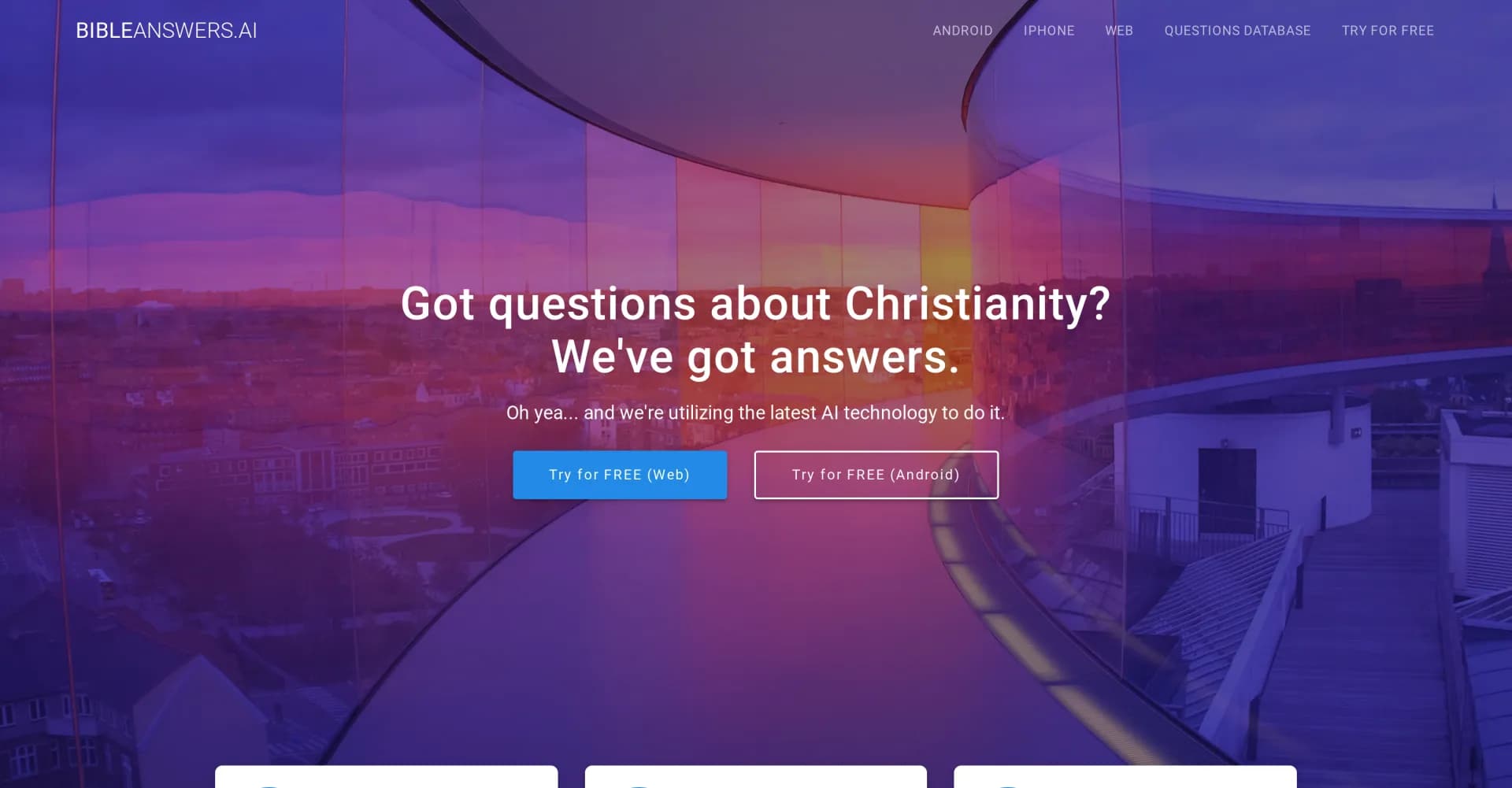 Bible Answers AI homepage screenshot — AI-powered answers for your Bible questions.
