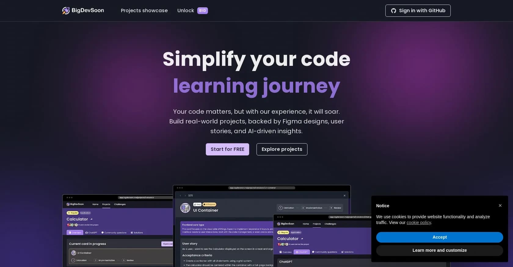 BigDevSoon homepage screenshot — Level up your Frontend skills with real projects