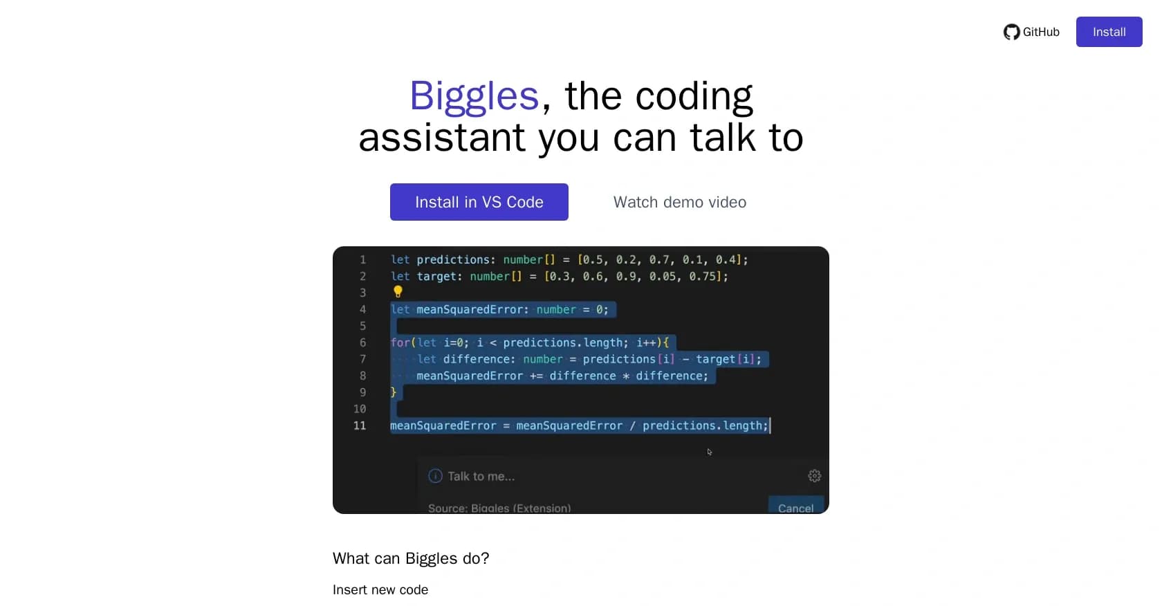 Biggles homepage screenshot — The coding assistant you can talk to.