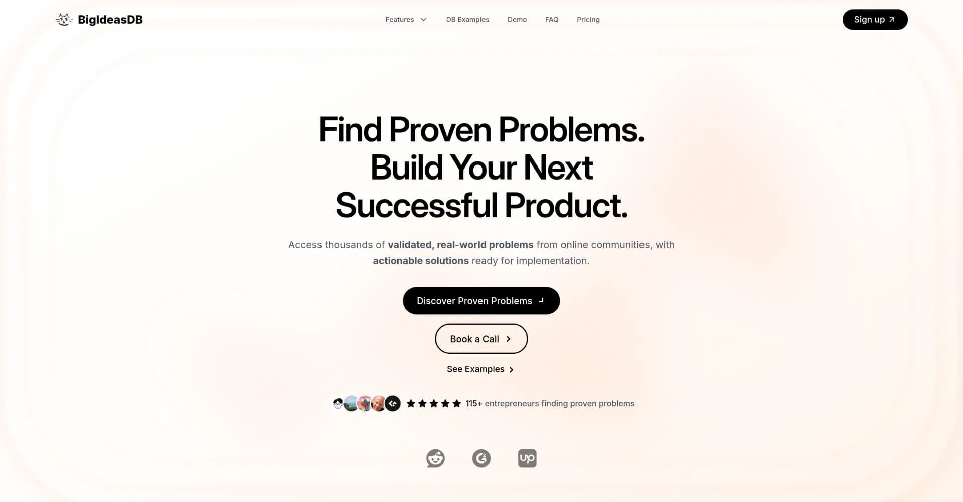 BigIdeasDB homepage screenshot — Find proven problems, build successful products.