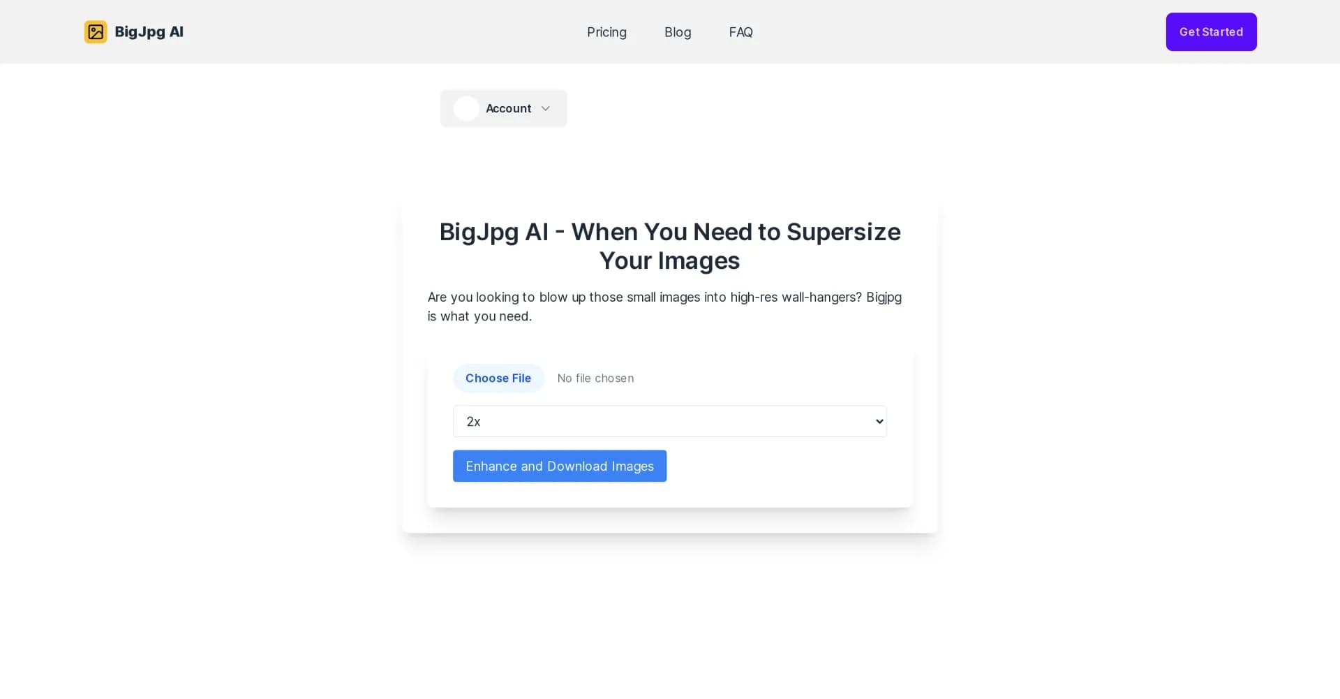 BigJpg AI homepage screenshot — Supersize images with crystal-clear AI upscaling