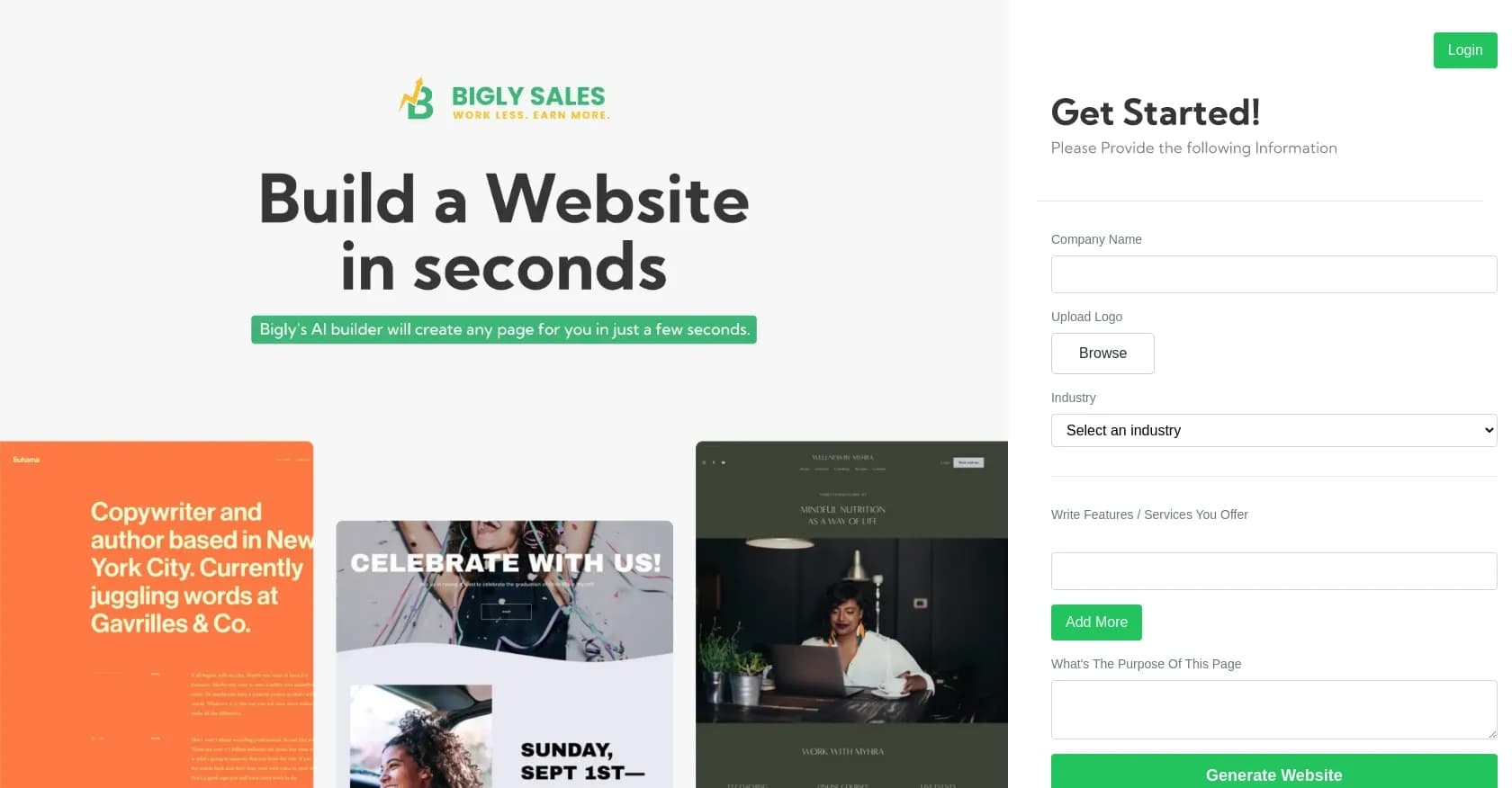 BiglyPage homepage screenshot — AI-powered landing pages in minutes