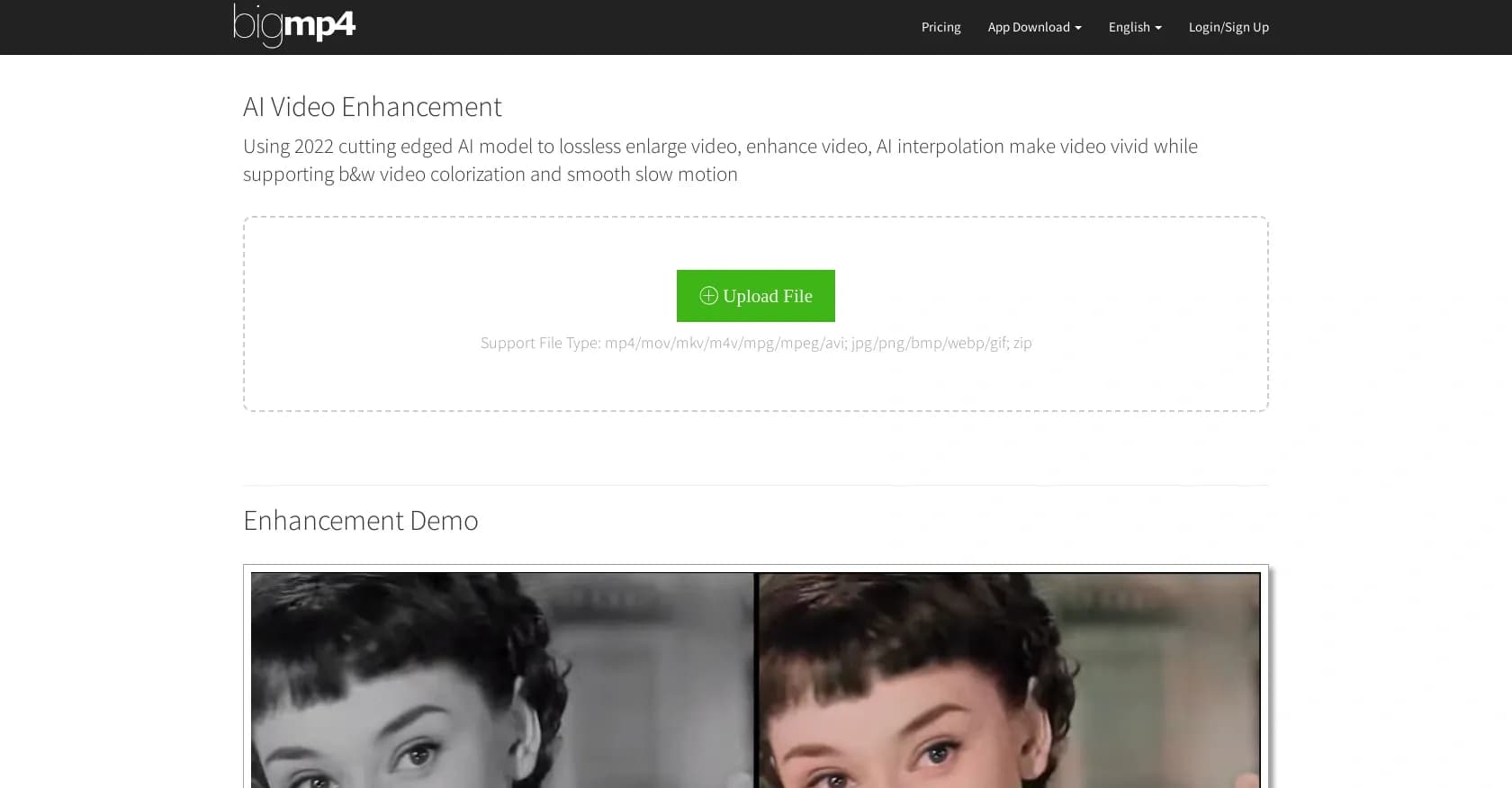 bigmp4 homepage screenshot — Enhance videos with cutting-edge AI models.