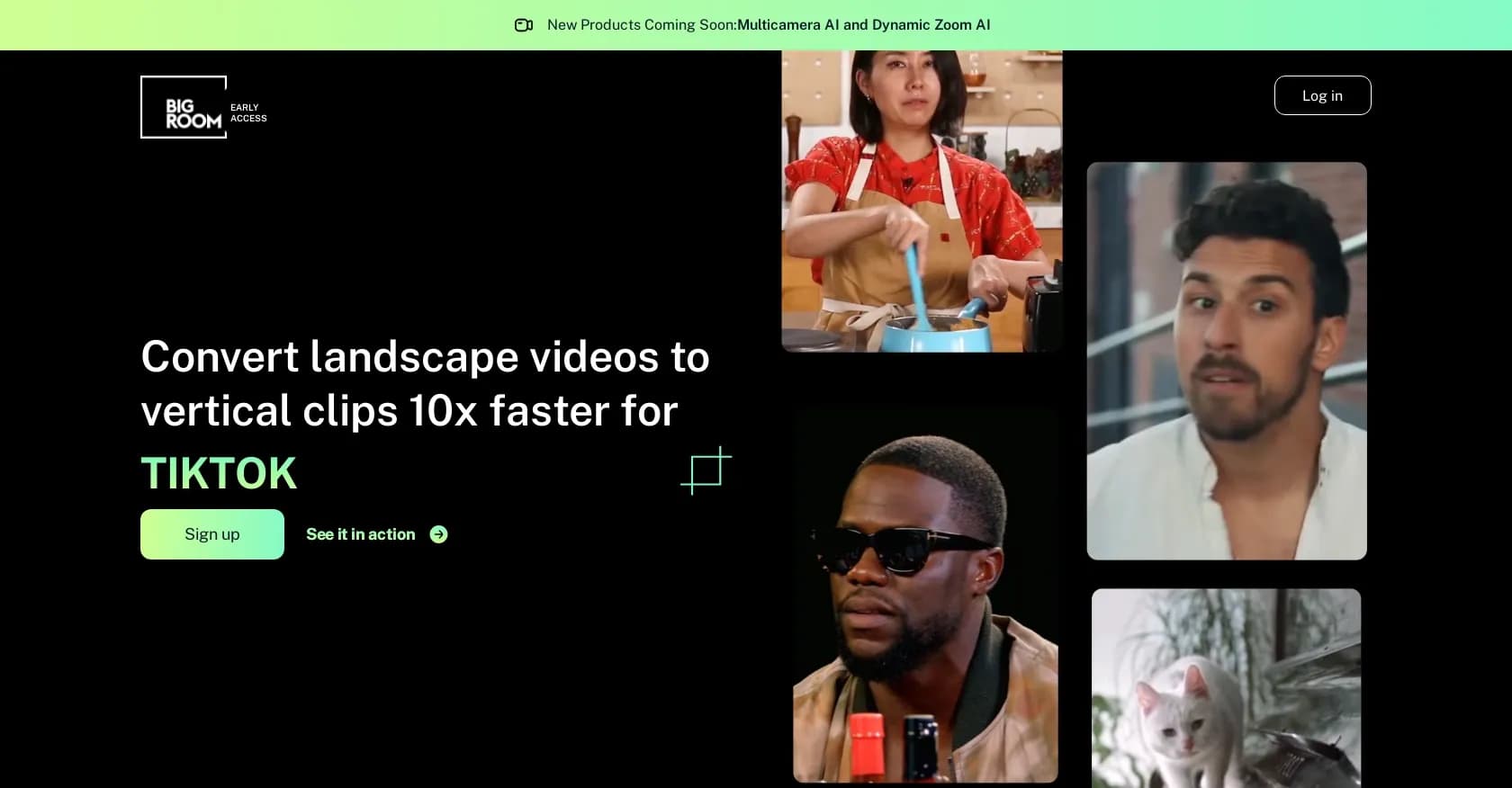 Bigroom homepage screenshot — Convert landscape videos to vertical clips 10x faster