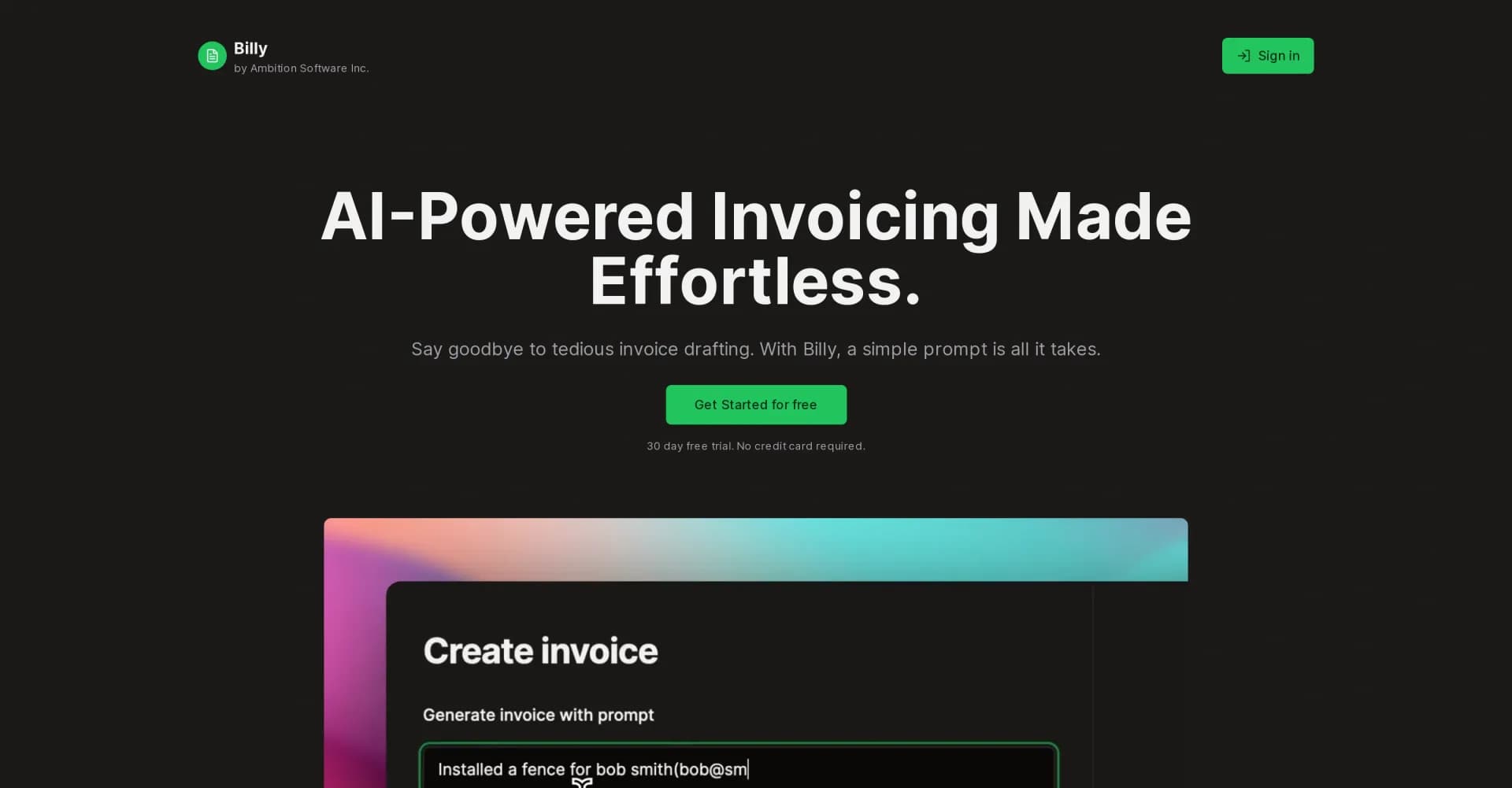 Billy homepage screenshot — AI-powered invoicing made effortless.