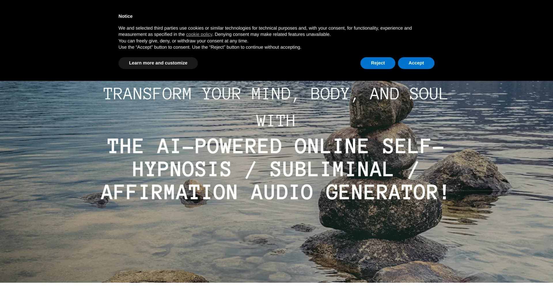 Binaural Beats Factory homepage screenshot — Reprogram your mind with AI-powered audio.
