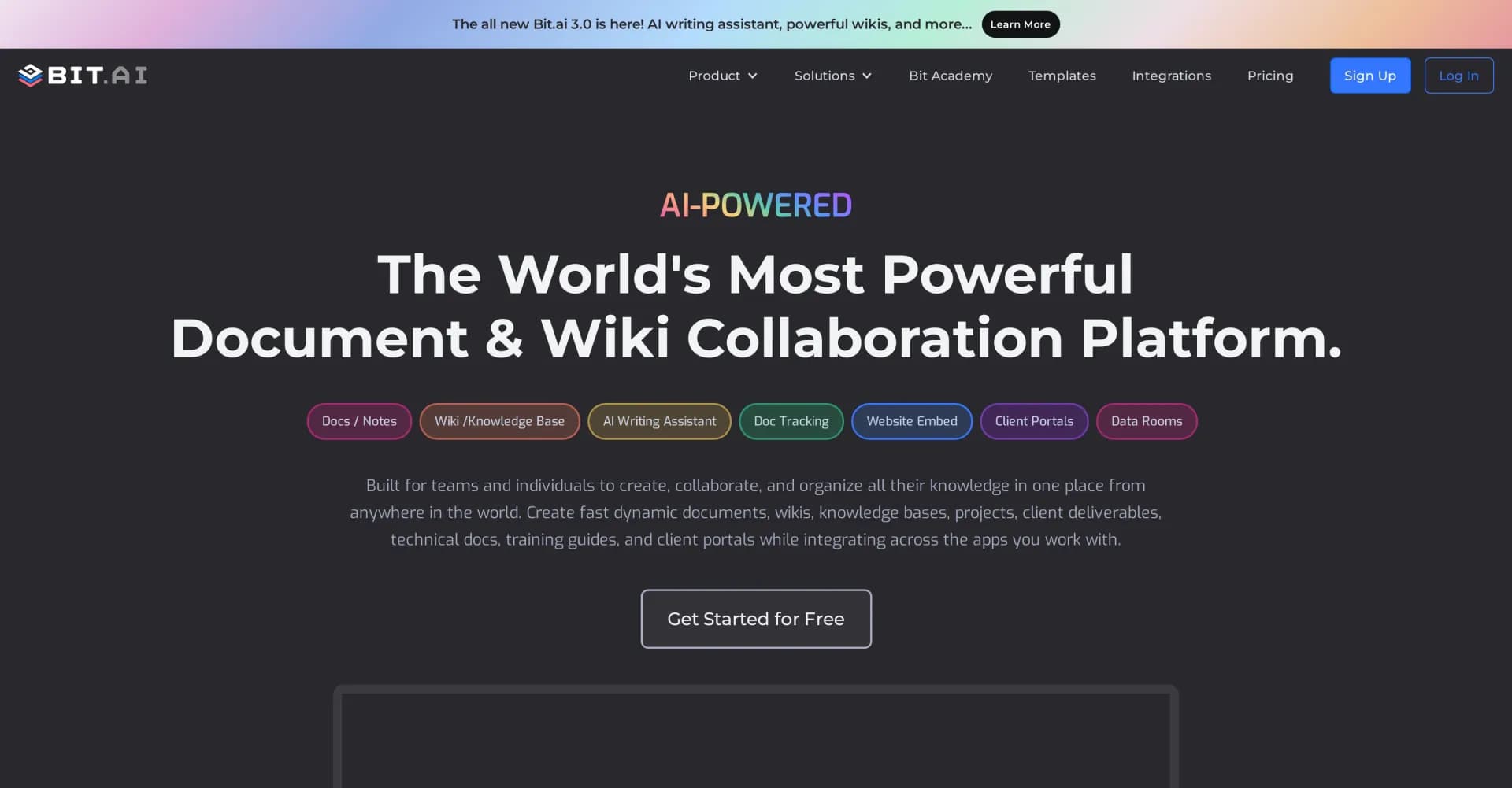Bit.ai homepage screenshot — AI-powered document collaboration for the new era
