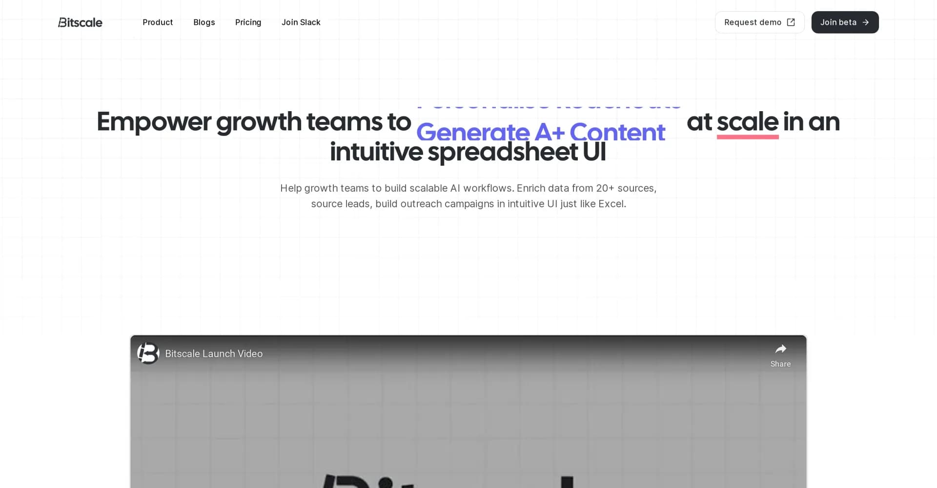 Bitscale homepage screenshot — Build scalable AI workflows for growth teams.
