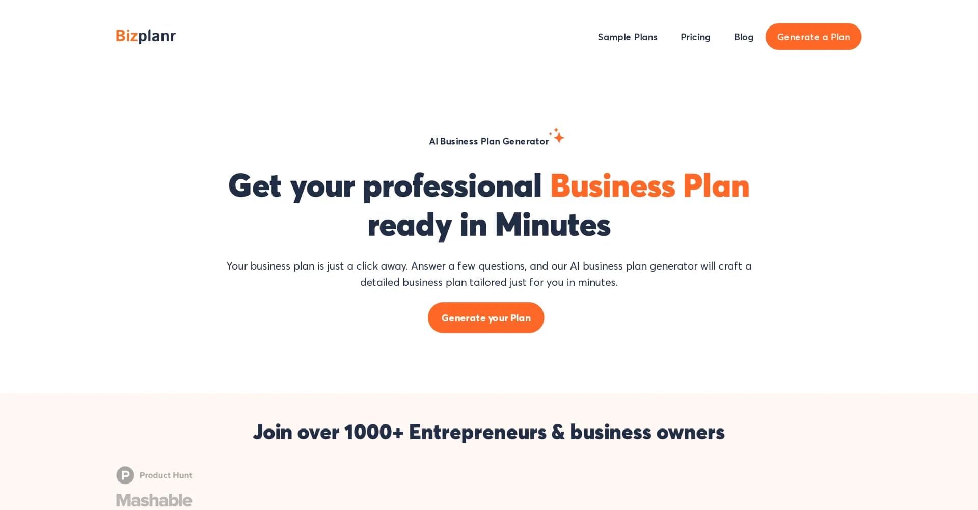 Bizplanr homepage screenshot — AI-crafted business plans in minutes.