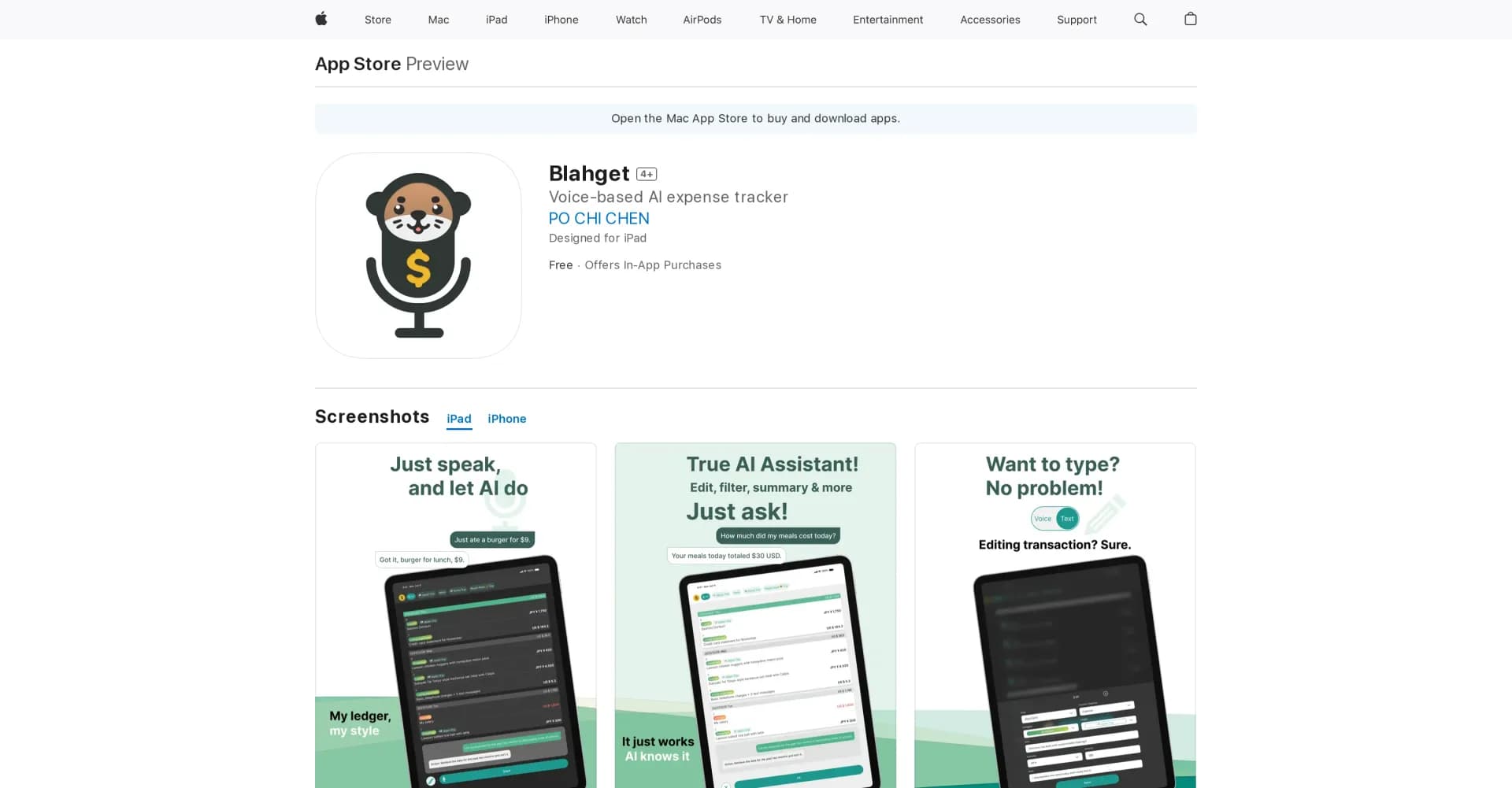 Blahget homepage screenshot — Voice-based AI expense tracker