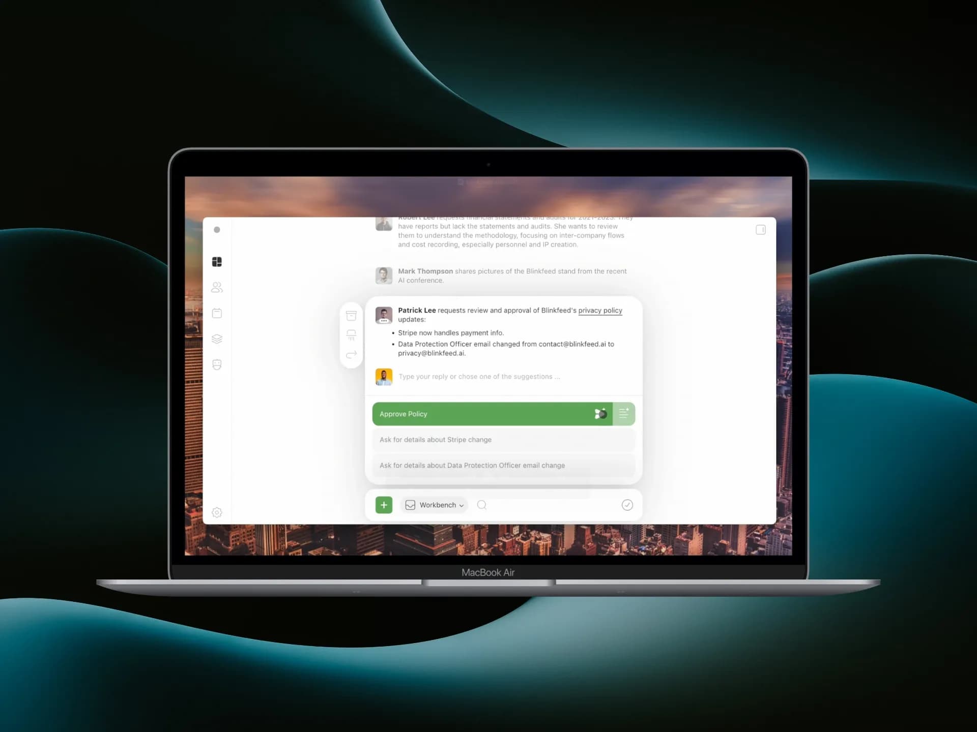 Blinkfeed homepage screenshot — Never read email again. Reply to a 100 in 10 minutes.