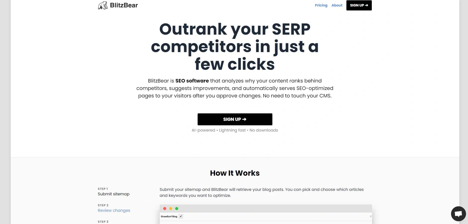 BlitzBear homepage screenshot — Outrank your SERP competitors in just a few clicks