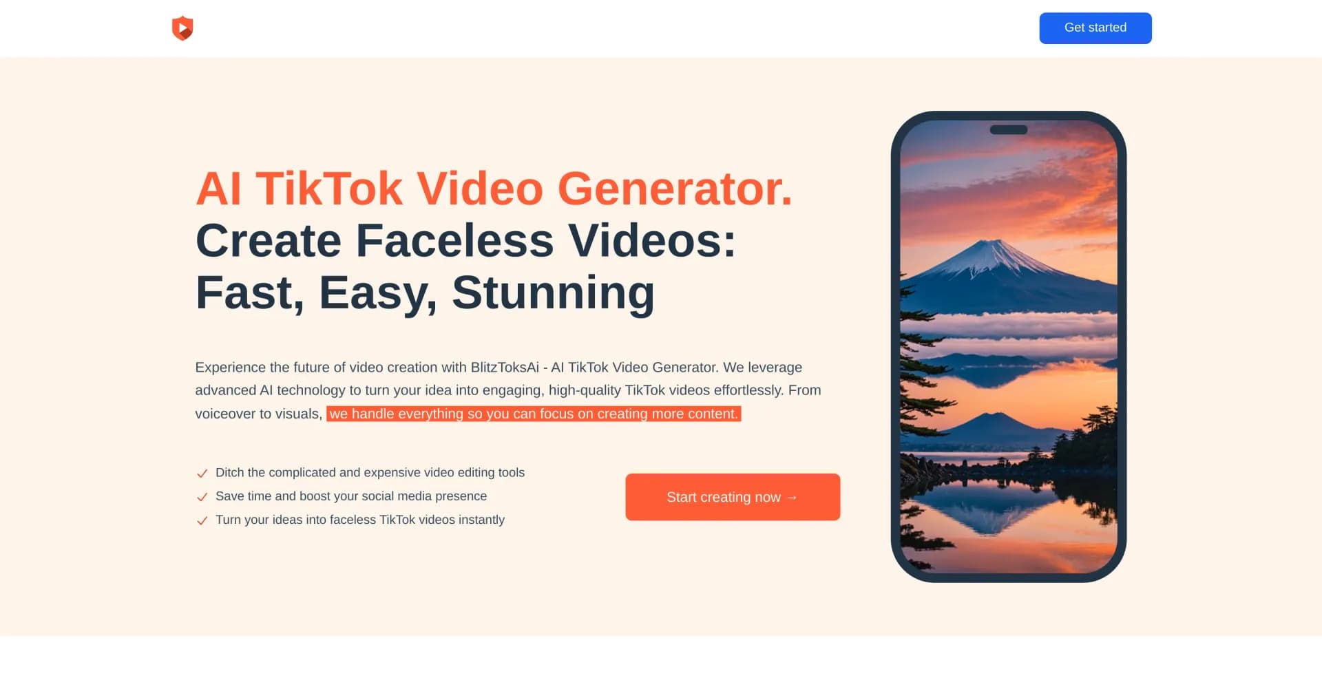 BlitzToksAI homepage screenshot — Create stunning TikTok videos effortlessly with AI.