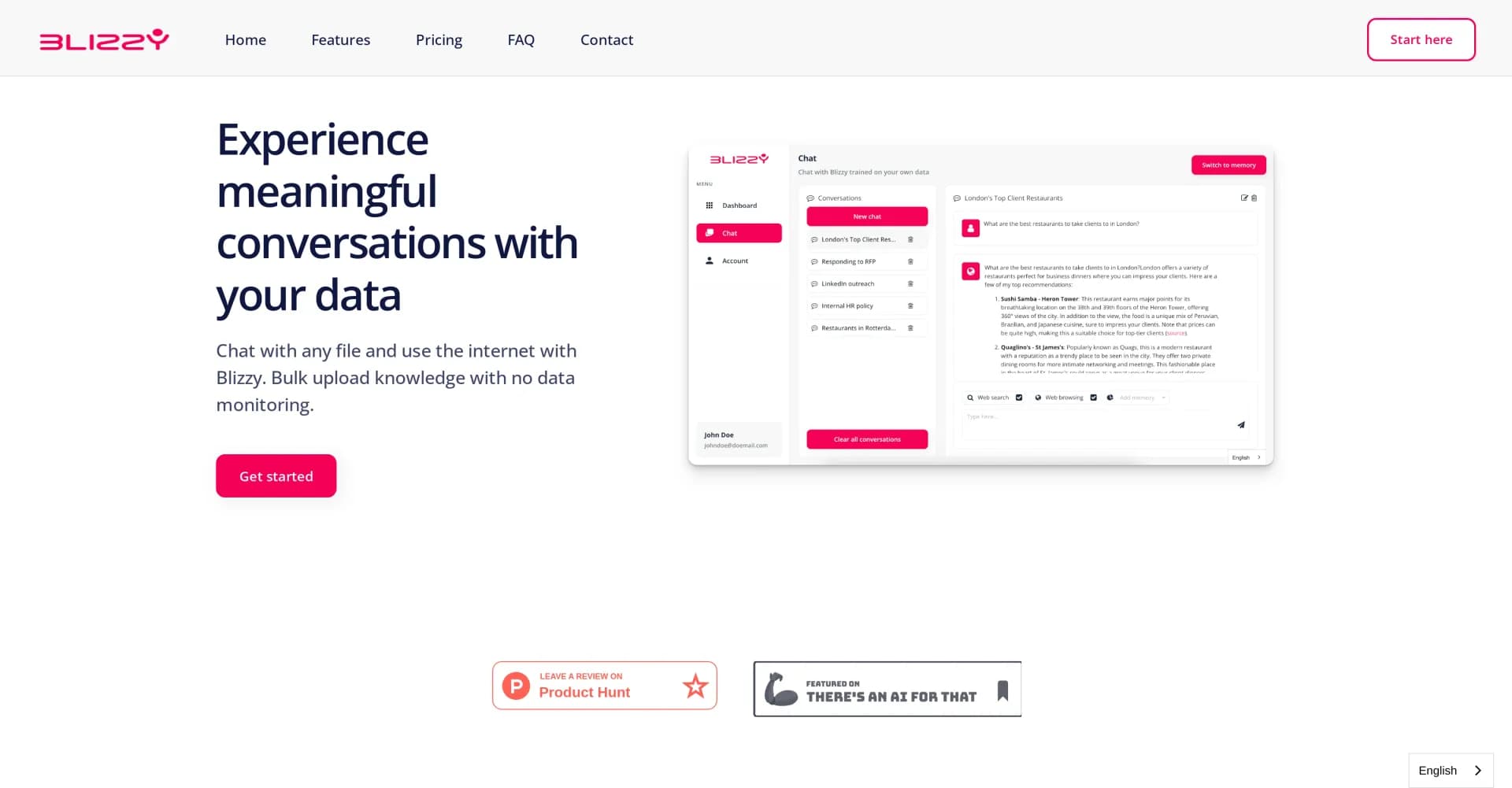 Blizzy homepage screenshot — AI-powered assistant for supercharged marketing strategies.