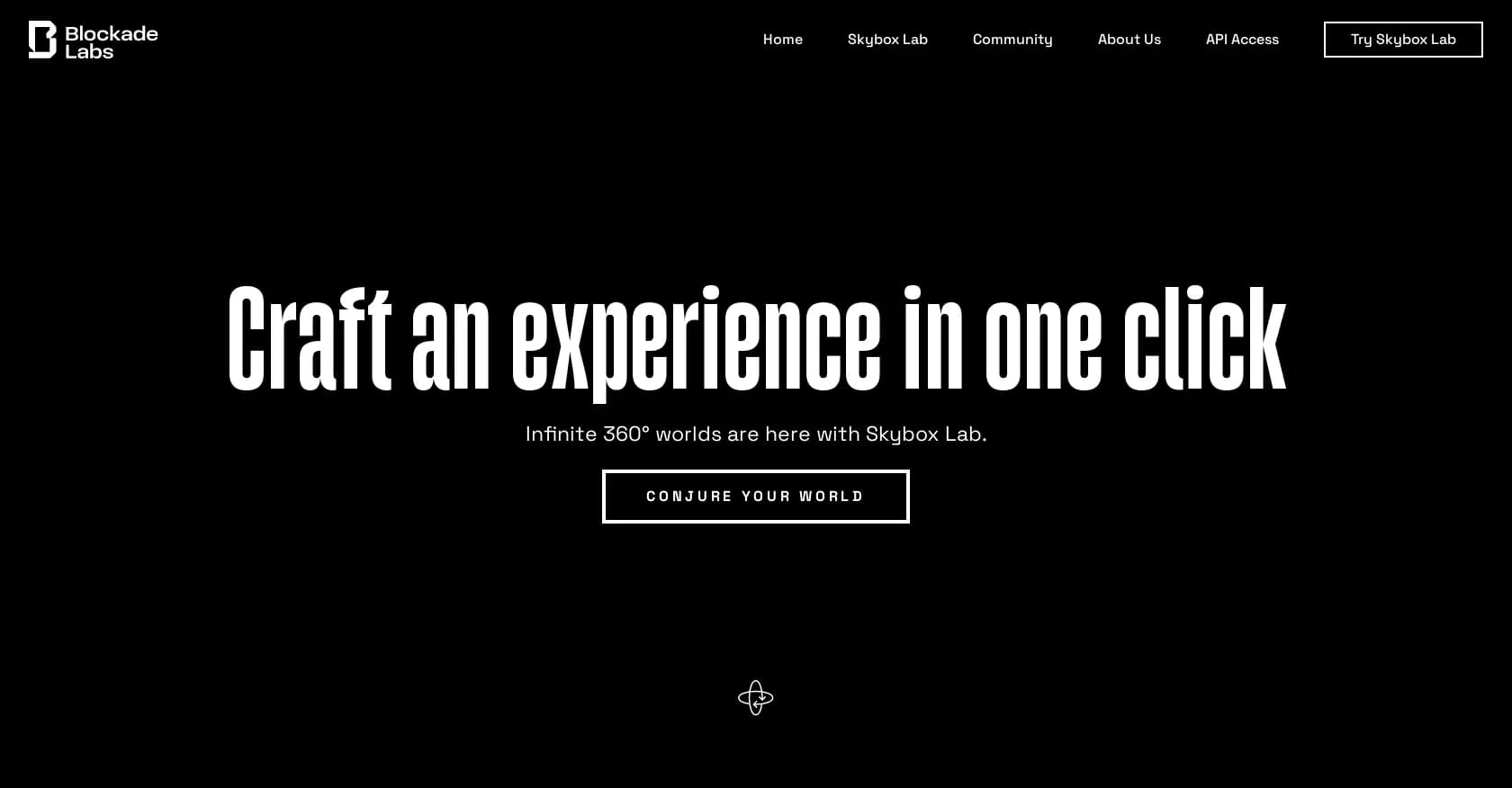 Blockadelabs homepage screenshot — Create AI-powered 360 worlds with a click