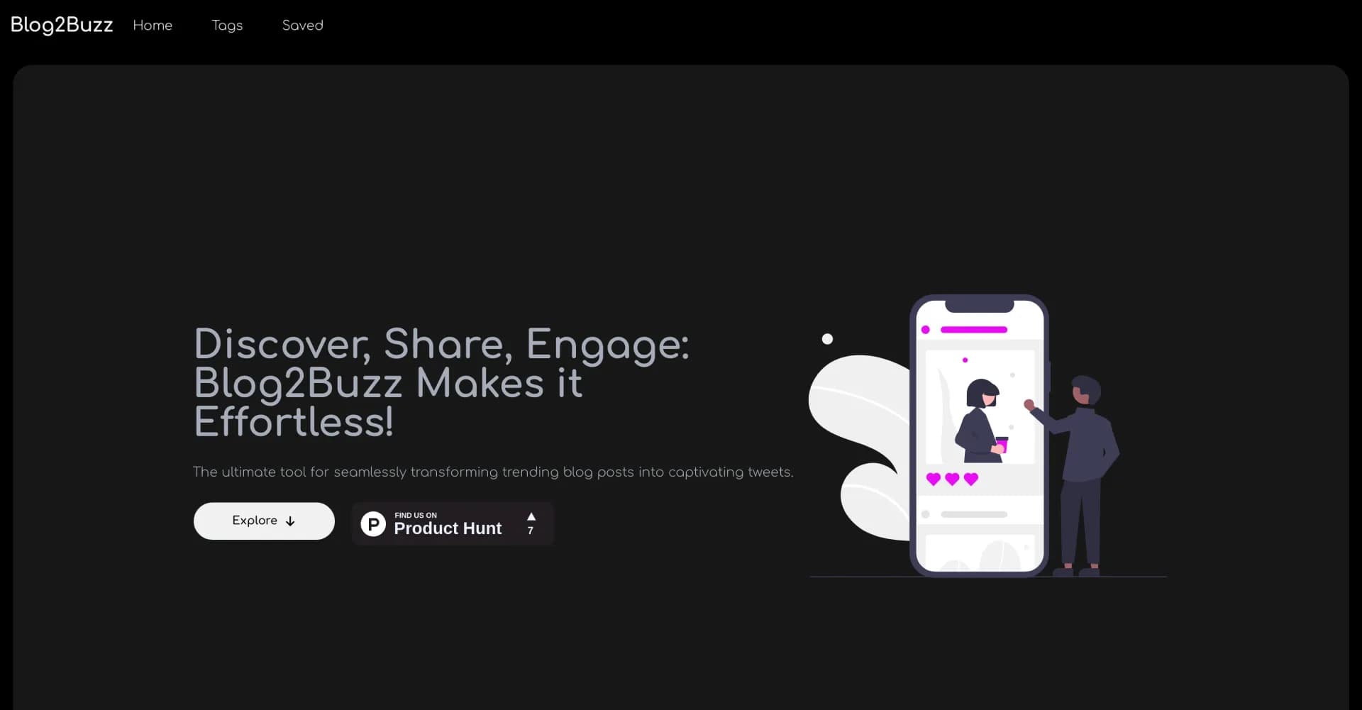 Blog2Buzz homepage screenshot — Transform trending blog posts into captivating tweets effort