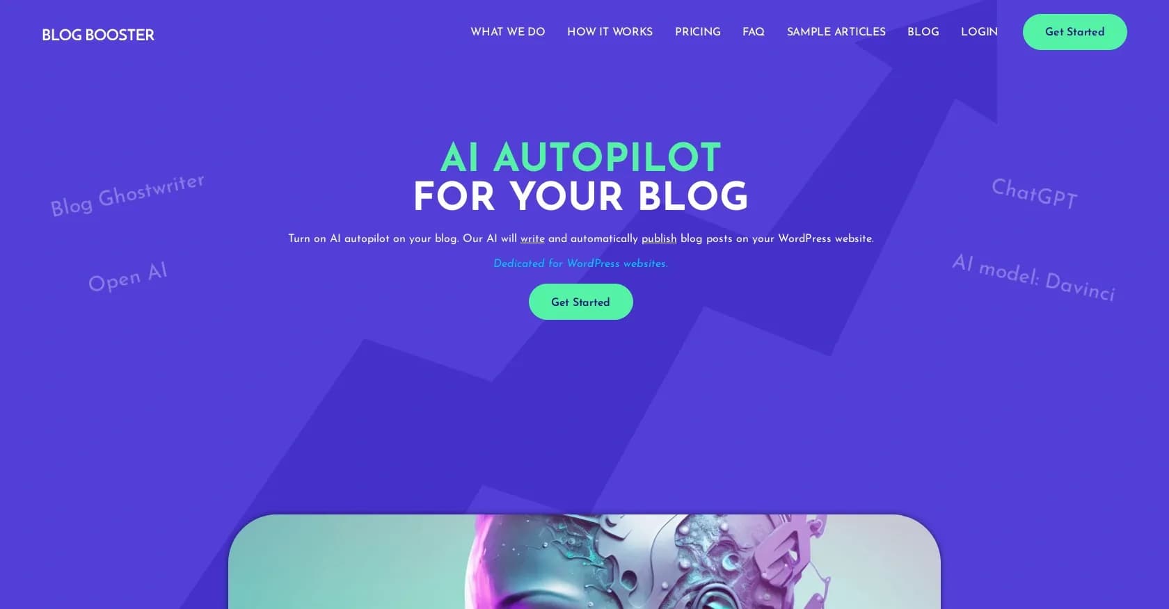 Blogbooster homepage screenshot — AI autopilot for your blog