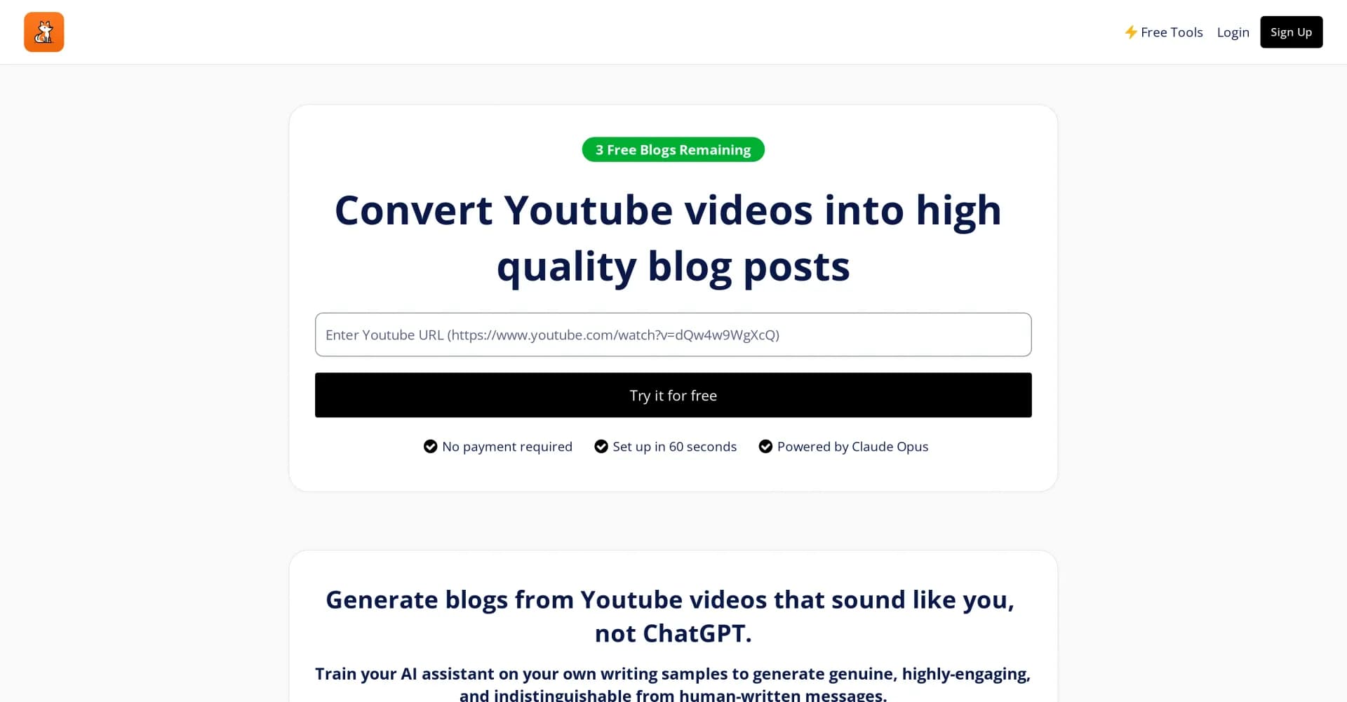 BlogFox homepage screenshot — Automatically convert Youtube videos into blog posts.