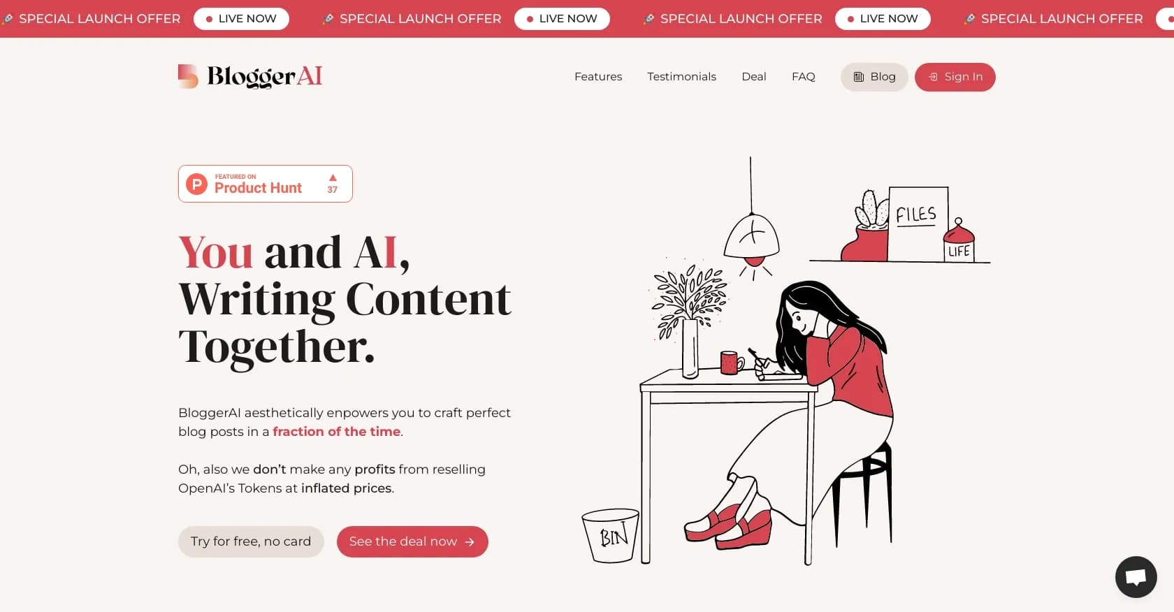 BloggerAI homepage screenshot — Craft perfect blog posts faster with AI.