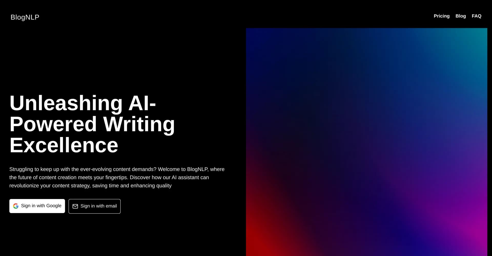BlogNLP homepage screenshot — AI-powered writing assistant for effortless, SEO-optimized c