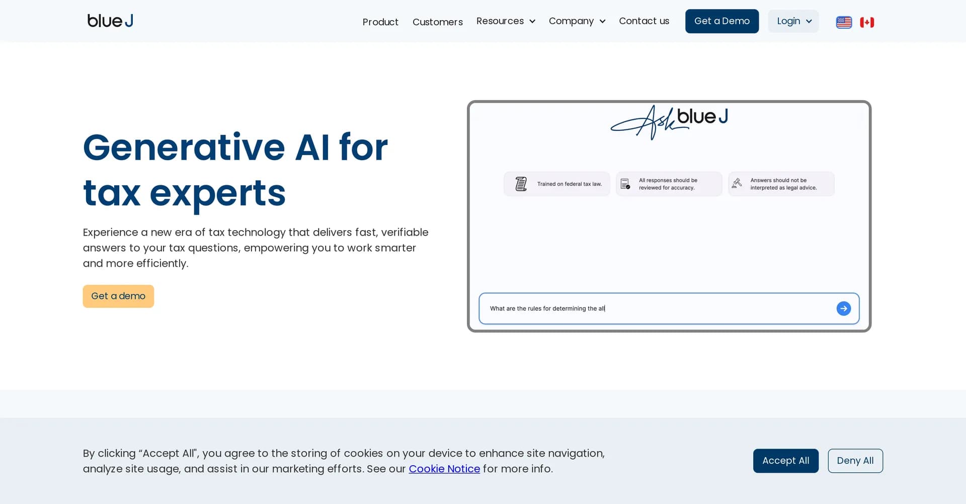 Blue J homepage screenshot — Empower tax experts with AI-driven analysis and advice.