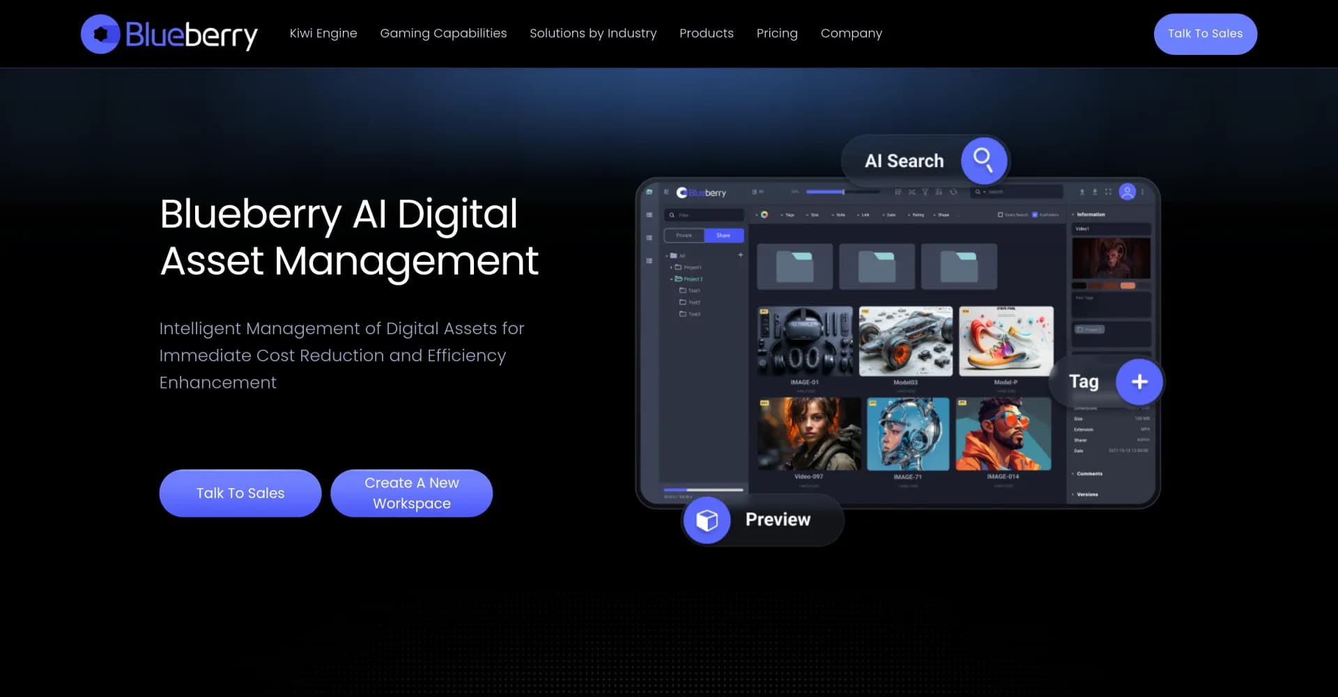 Blueberry AI homepage screenshot — AI-powered DAM for 3D assets and digital content