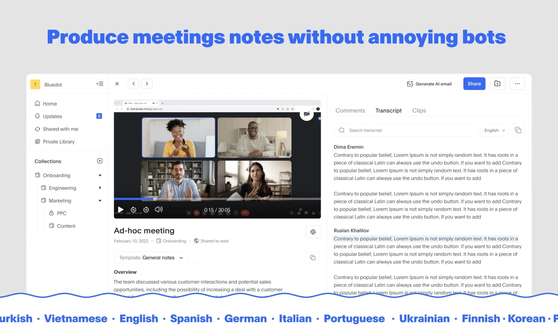 Bluedot homepage screenshot — AI note-taker that records your meetings without a bot joini
