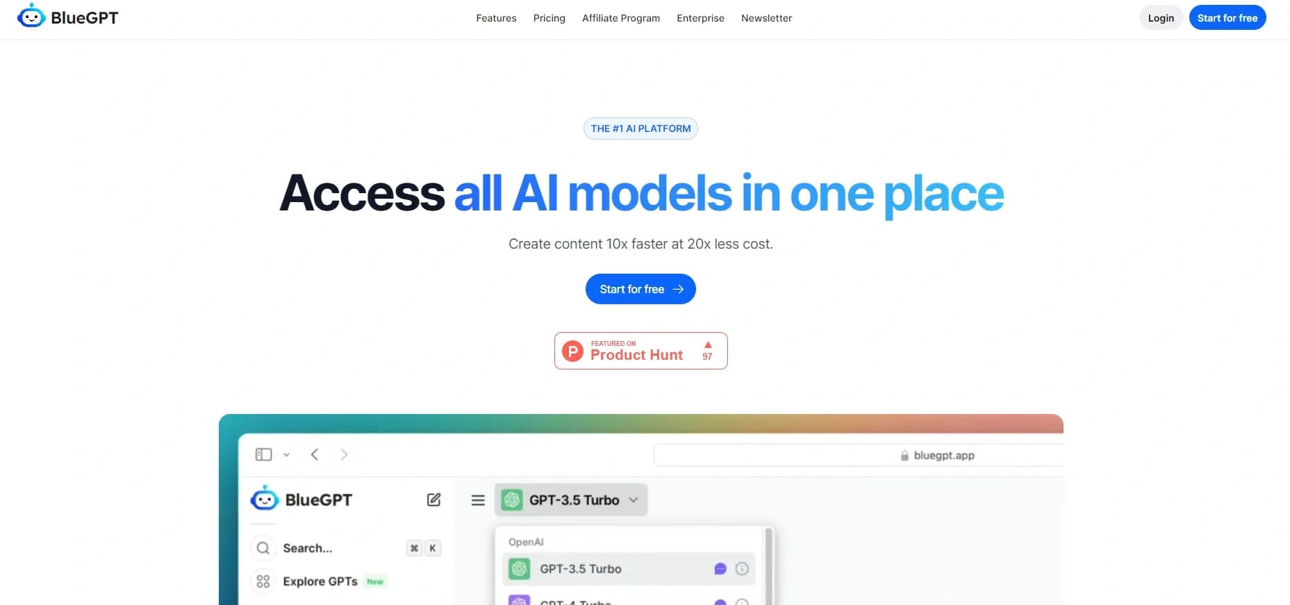 BlueGPT homepage screenshot — Access all AI models in one platform.