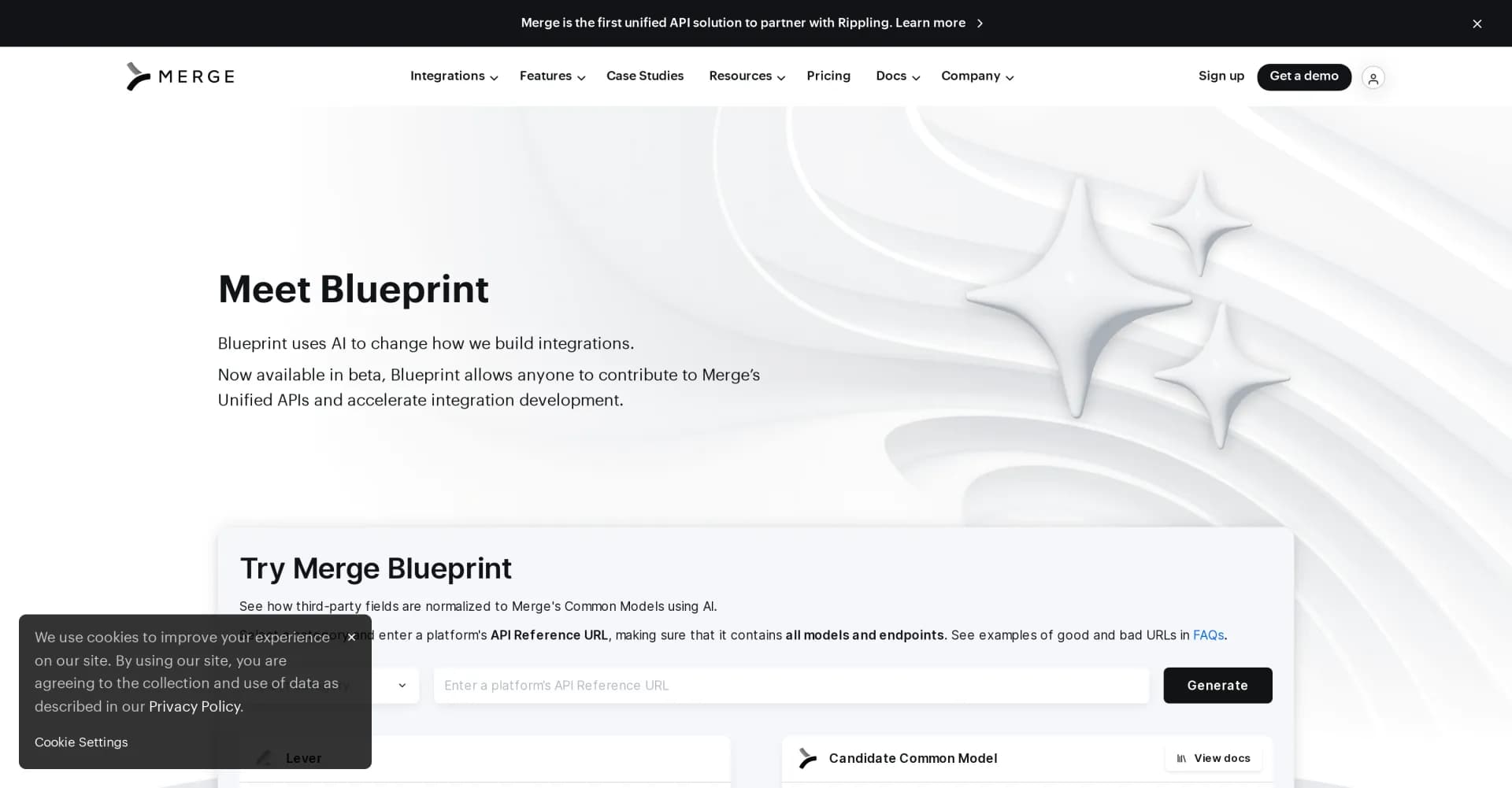 Blueprint homepage screenshot — AI-powered API analysis for unified data schemas.