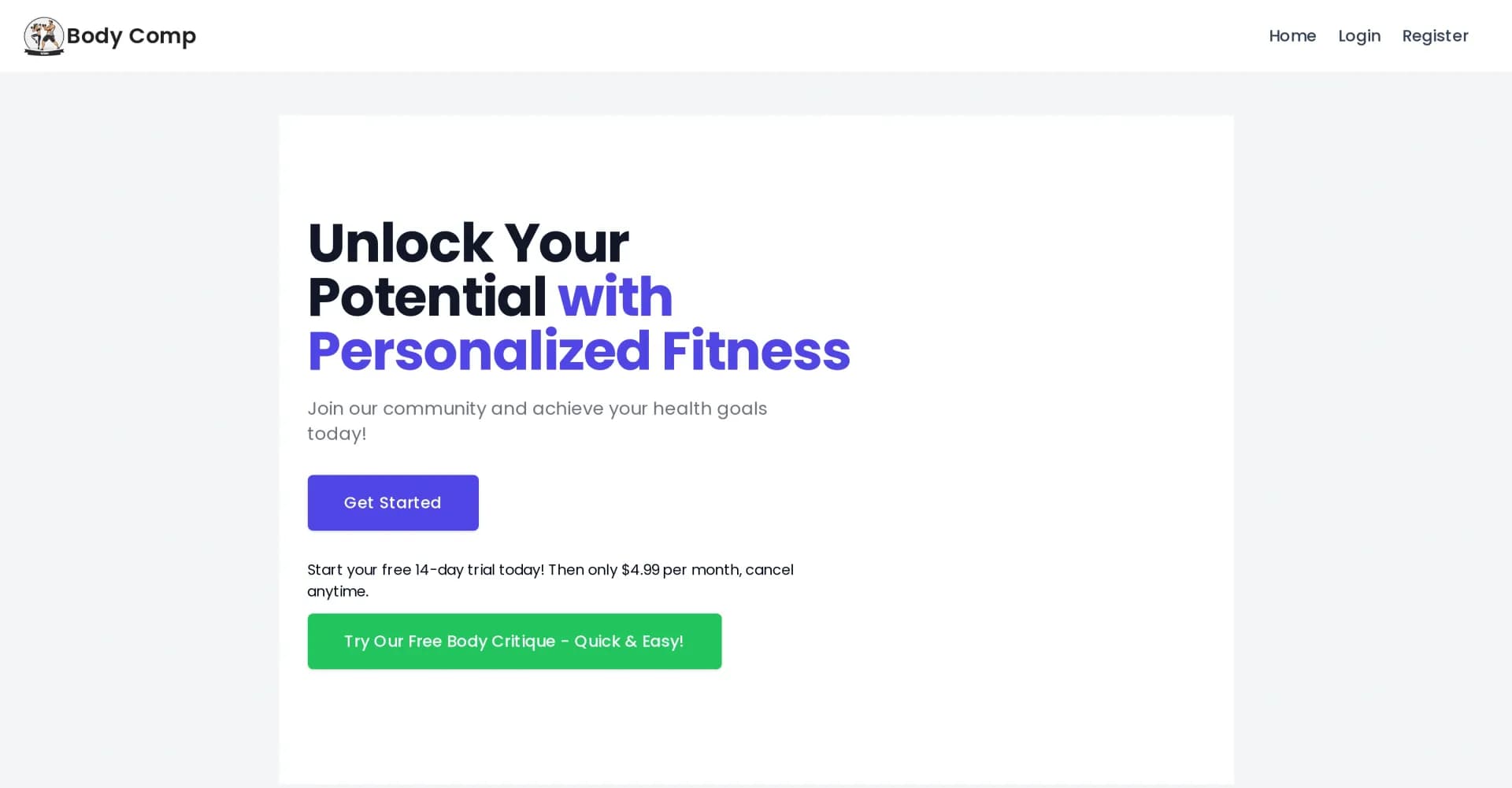 BodyCompAI homepage screenshot — AI-powered fitness plans tailored to your body