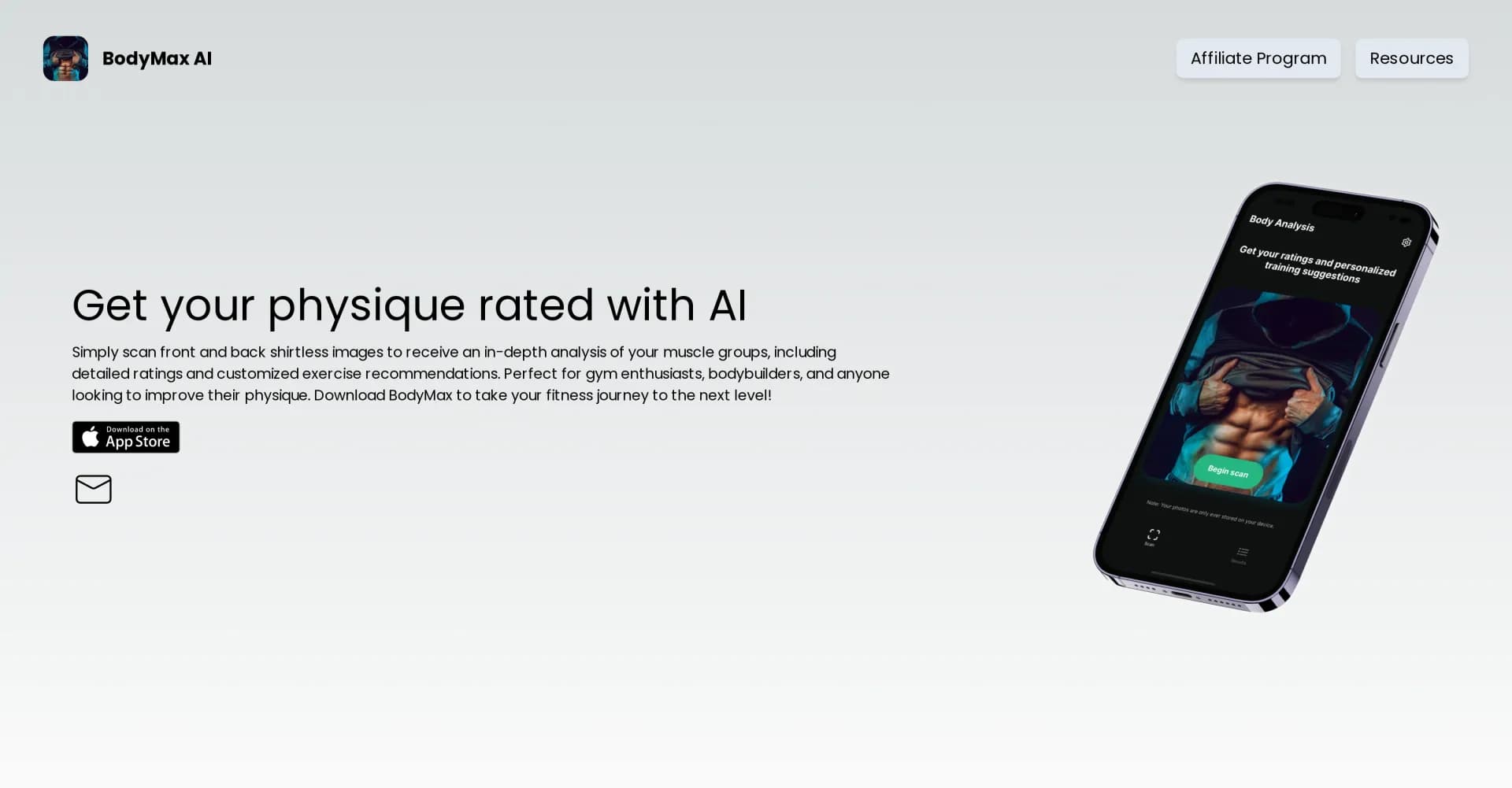 BodyMax AI homepage screenshot — AI body scanner rates your physique and muscles