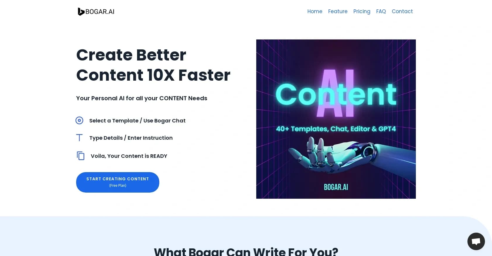 Bogar homepage screenshot — AI-powered content creation, 10x faster.
