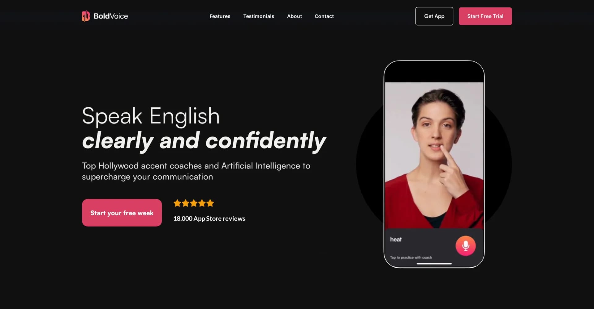 BoldVoice homepage screenshot — Speak English clearly with Hollywood coaches and AI feedback