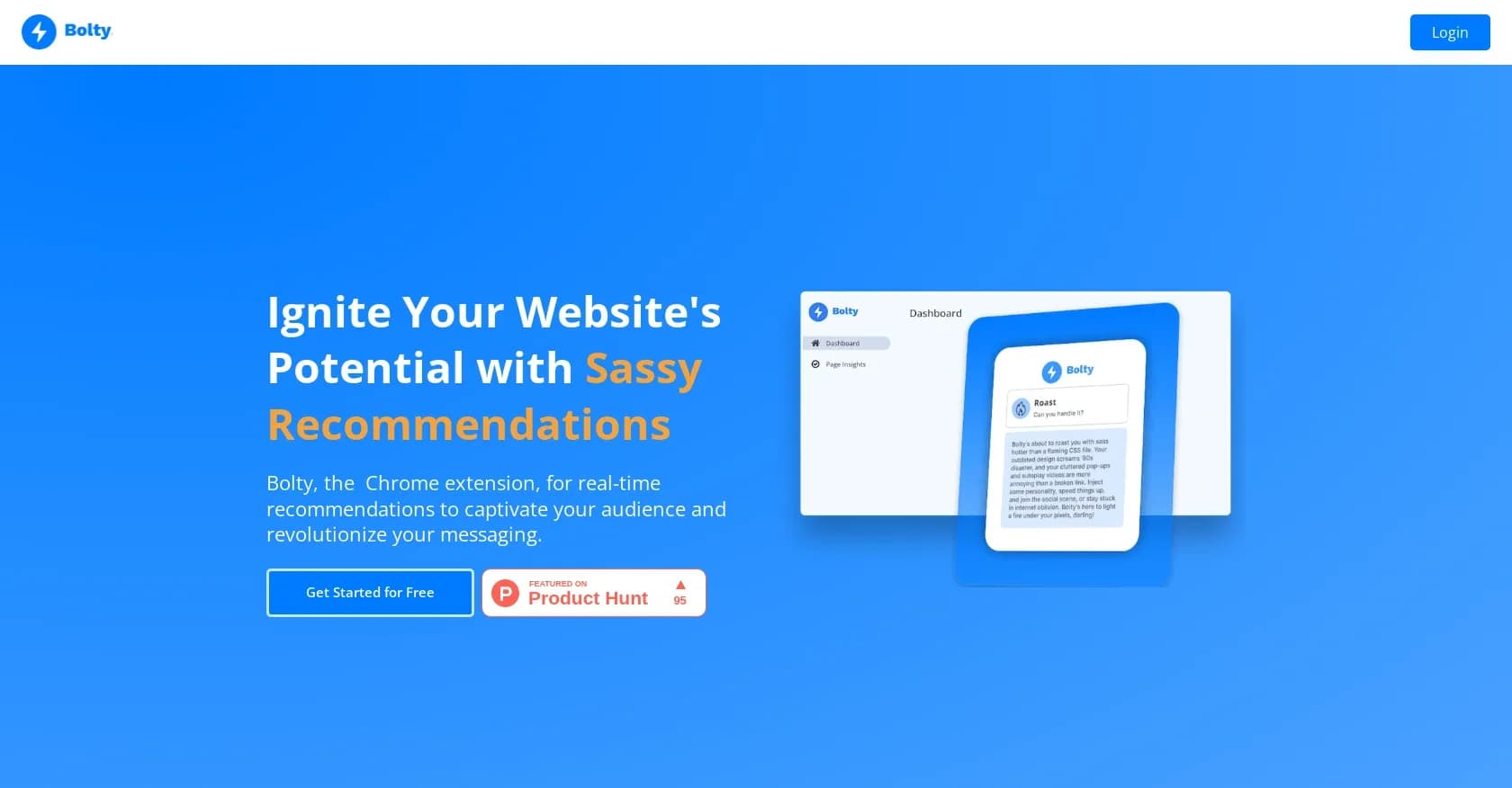 Bolty homepage screenshot — Boost website visibility with sassy AI roasts.