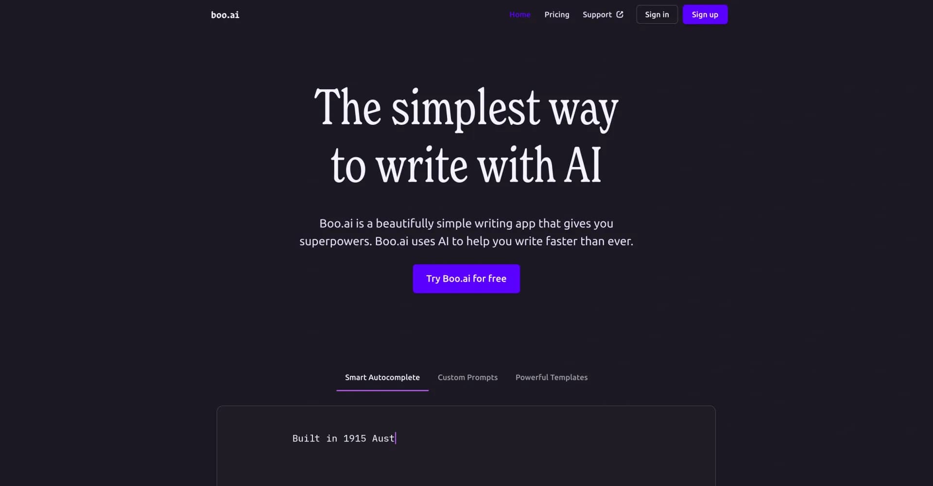 Boo.ai homepage screenshot — AI-powered writing assistant for effortless, supercharged wr