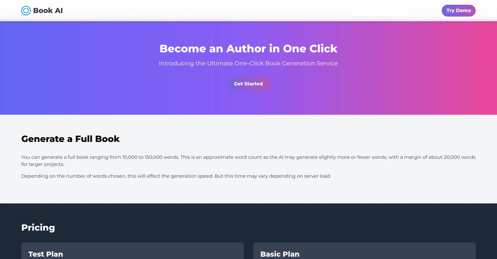 Book AI homepage screenshot — Generate full books with AI in one click.