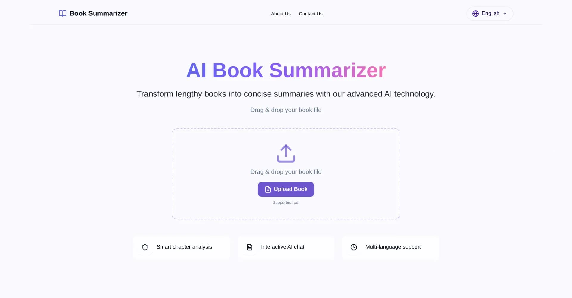 Book Summarizer homepage screenshot — Transform lengthy books into concise summaries.