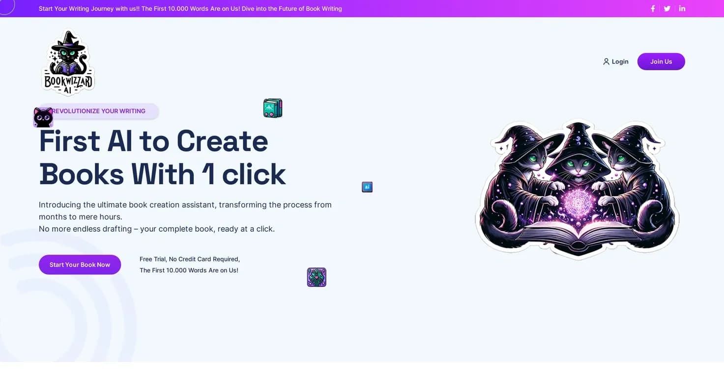 Book Wizard AI homepage screenshot — Revolutionize your writing with one-click book creation.