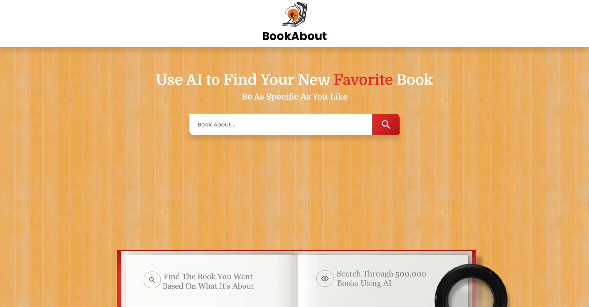 Bookabout homepage screenshot — Discover your next favorite book with AI-powered search.