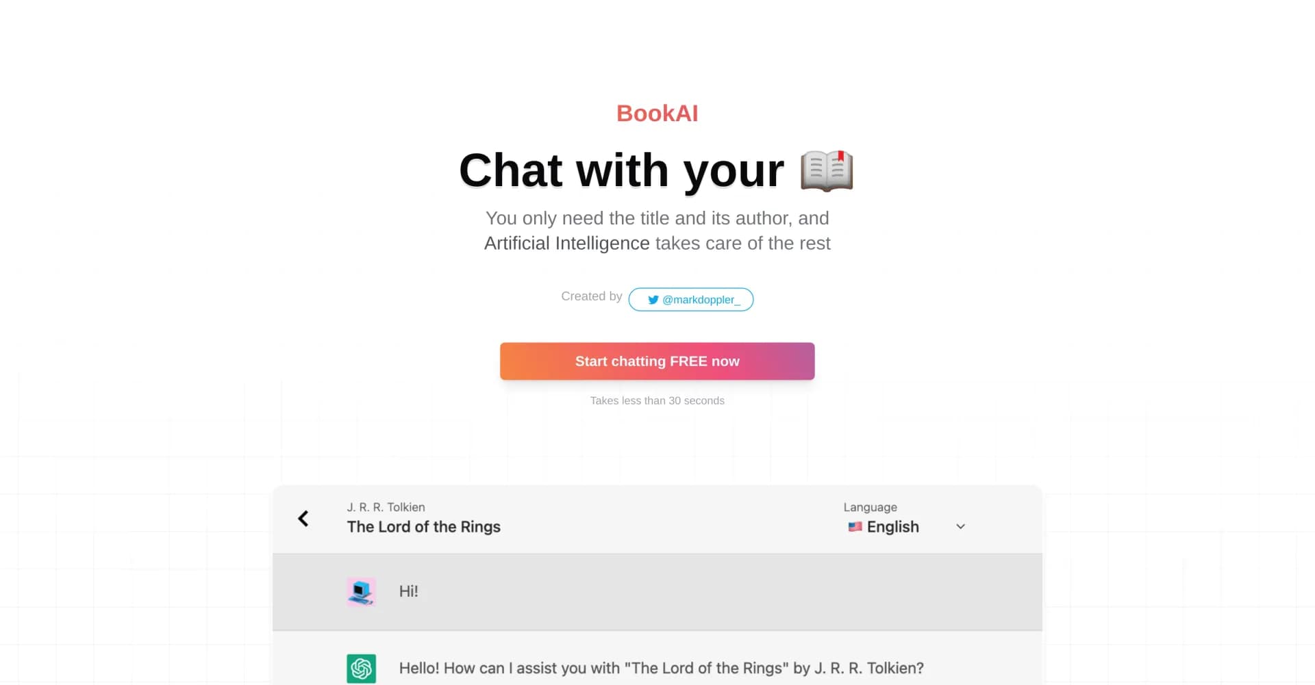 BookAI.chat homepage screenshot — Chat with any book instantly