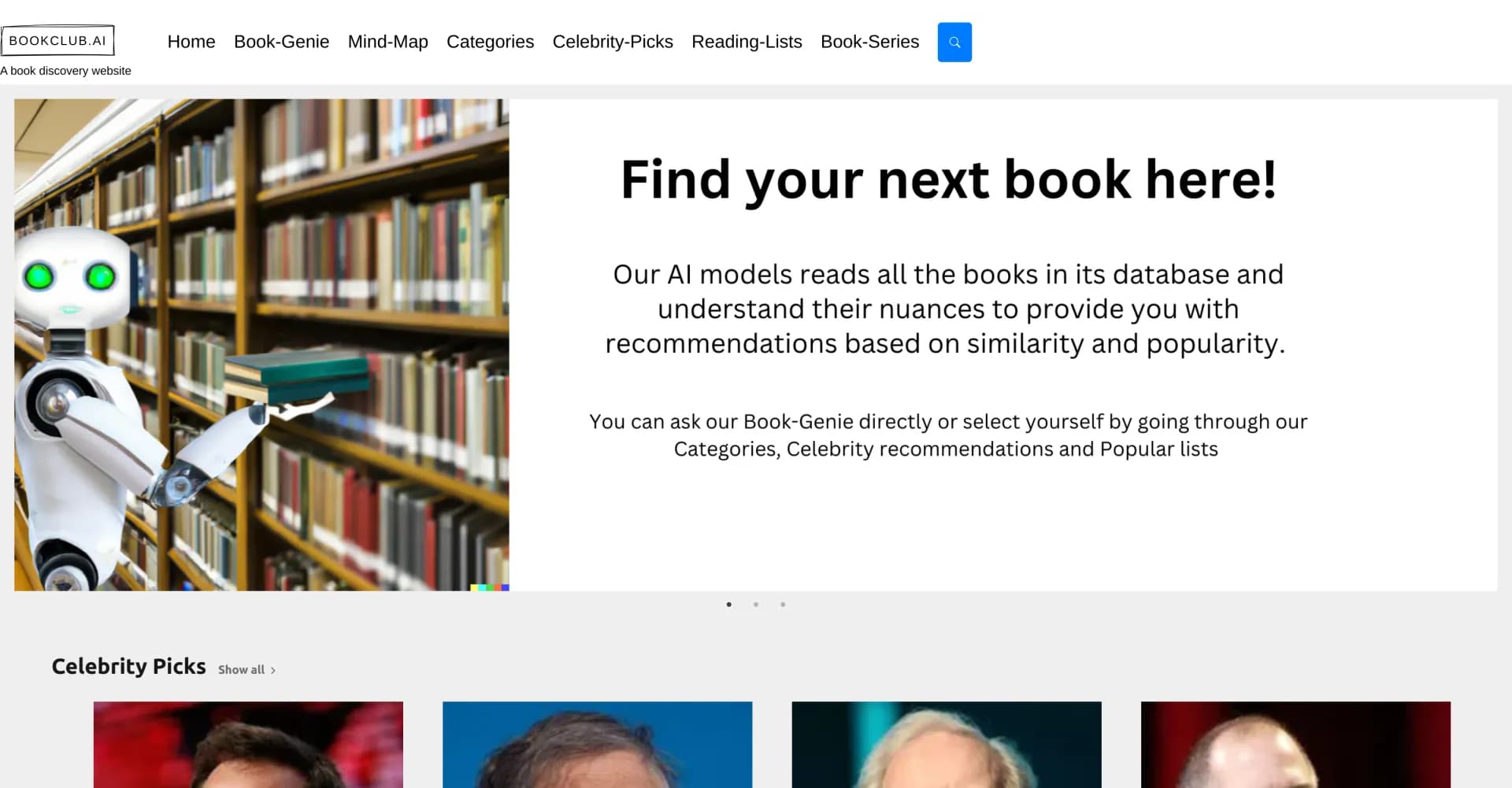 Bookclub.ai homepage screenshot — AI-powered book recommendations for avid readers