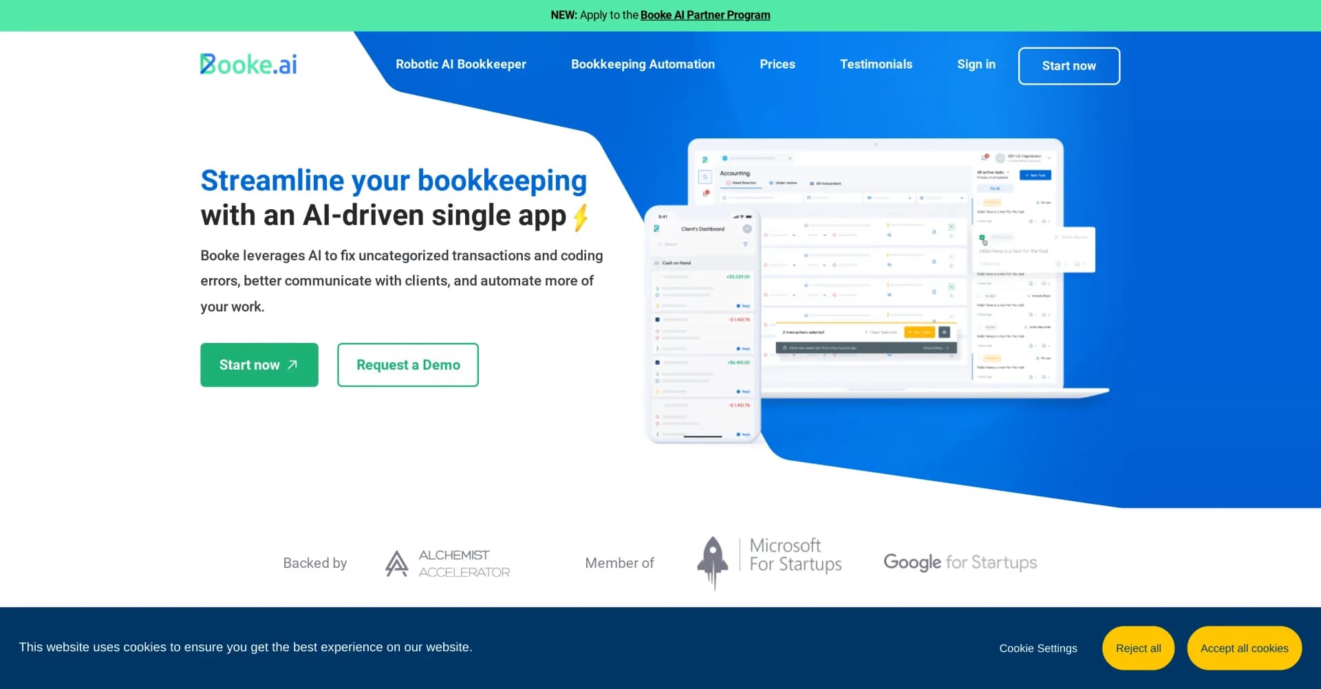 Booke AI homepage screenshot — AI-powered bookkeeping automation in one app