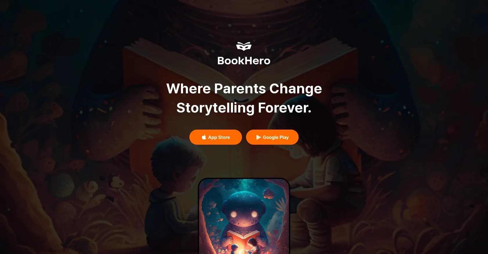 BookHero homepage screenshot — Revolutionize storytelling for parents and children.