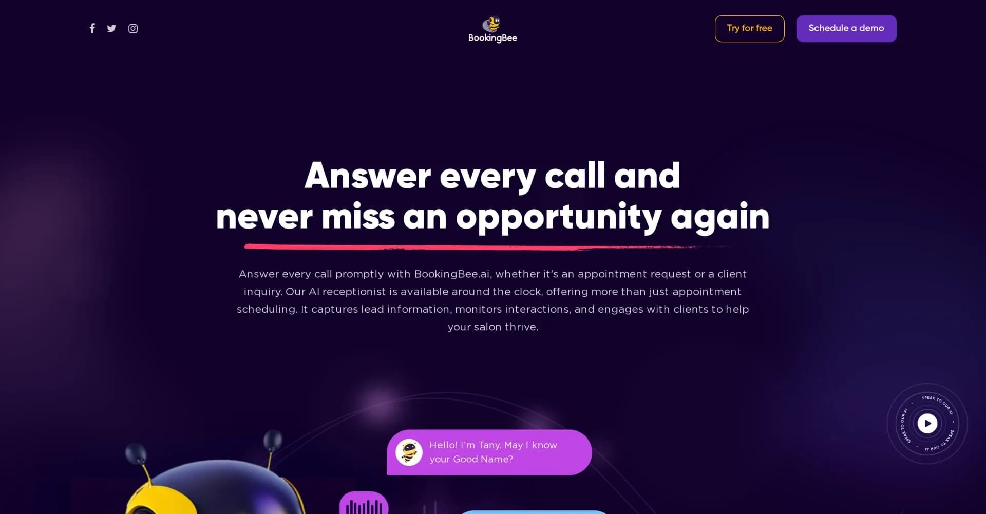 BookingBee homepage screenshot — AI receptionist for salons: Answer calls 24/7, book appointm