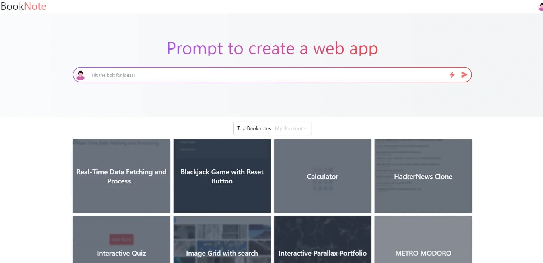 BookNote homepage screenshot — Turn prompts into web apps instantly.