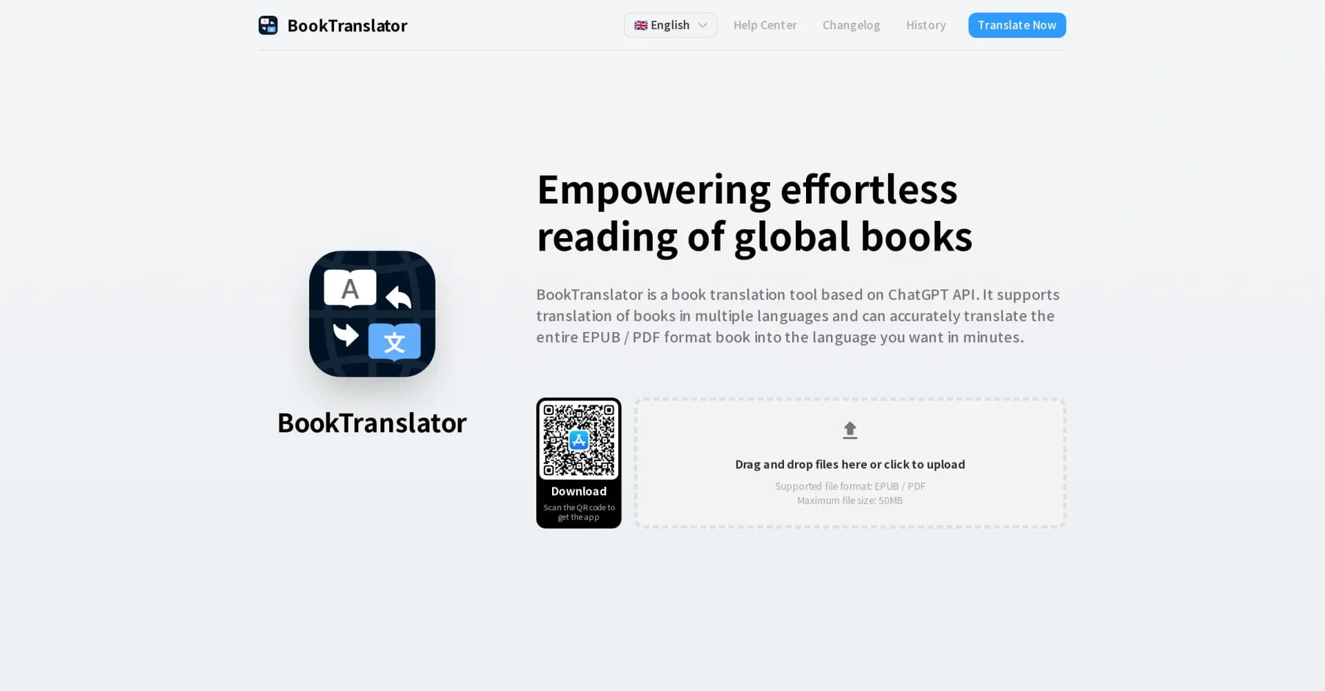 BookTranslator homepage screenshot — Effortlessly translate books into any language.