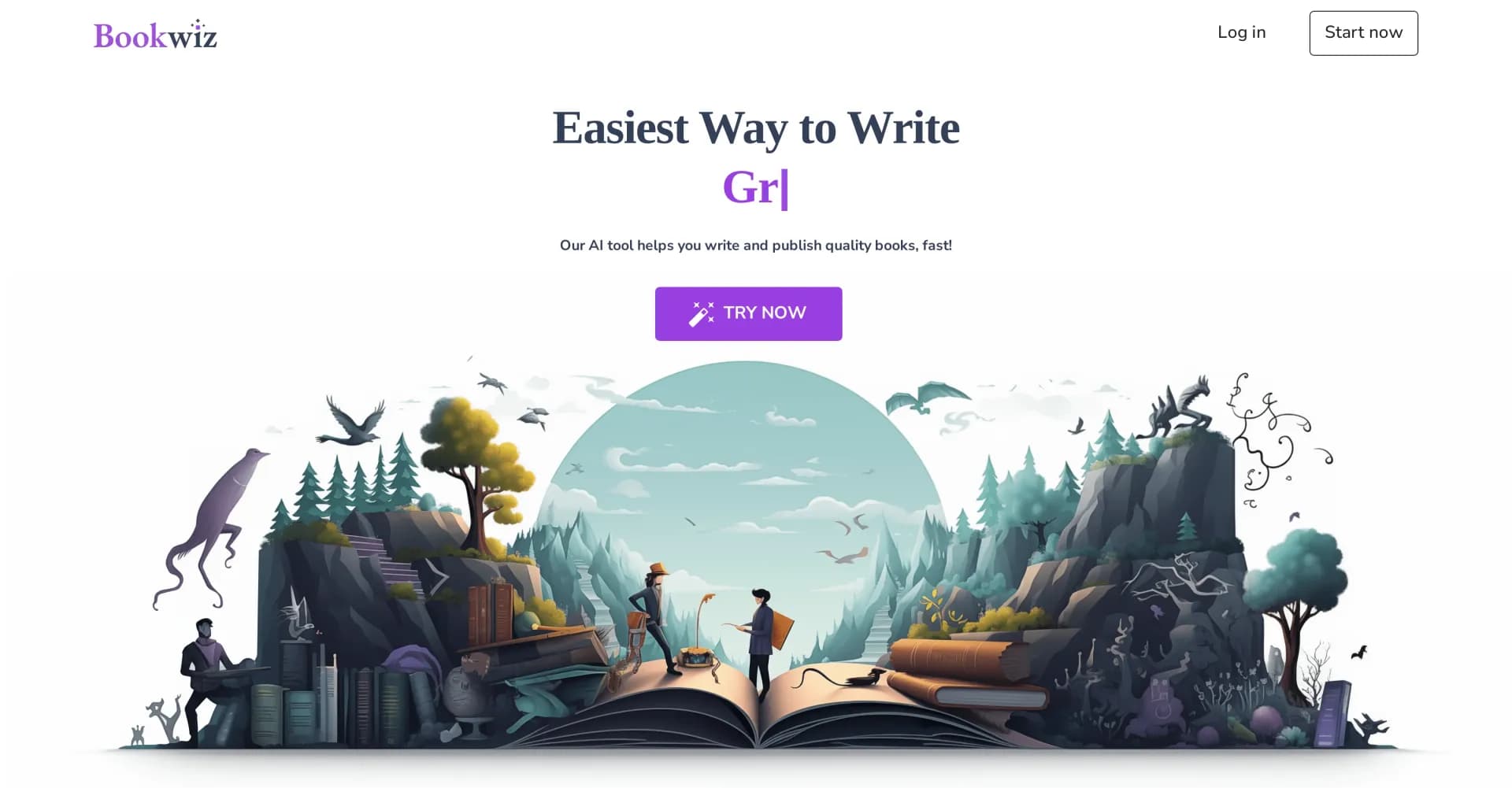 Bookwiz homepage screenshot — AI-powered book writing made easy and fast