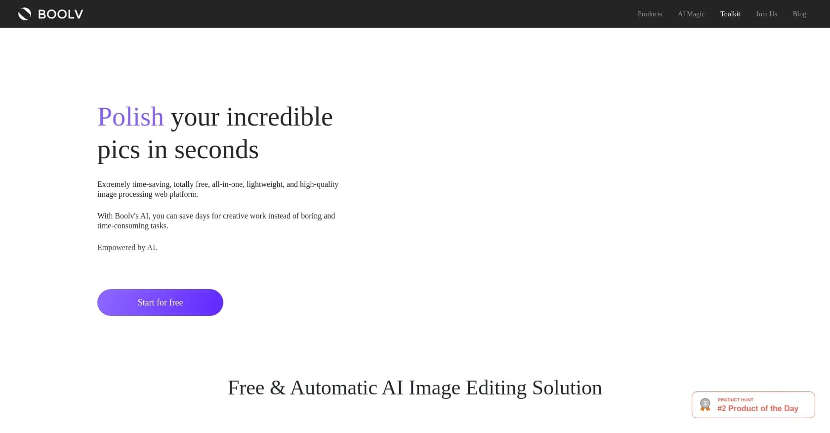 Boolpic homepage screenshot — Polish incredible pics in seconds with AI.
