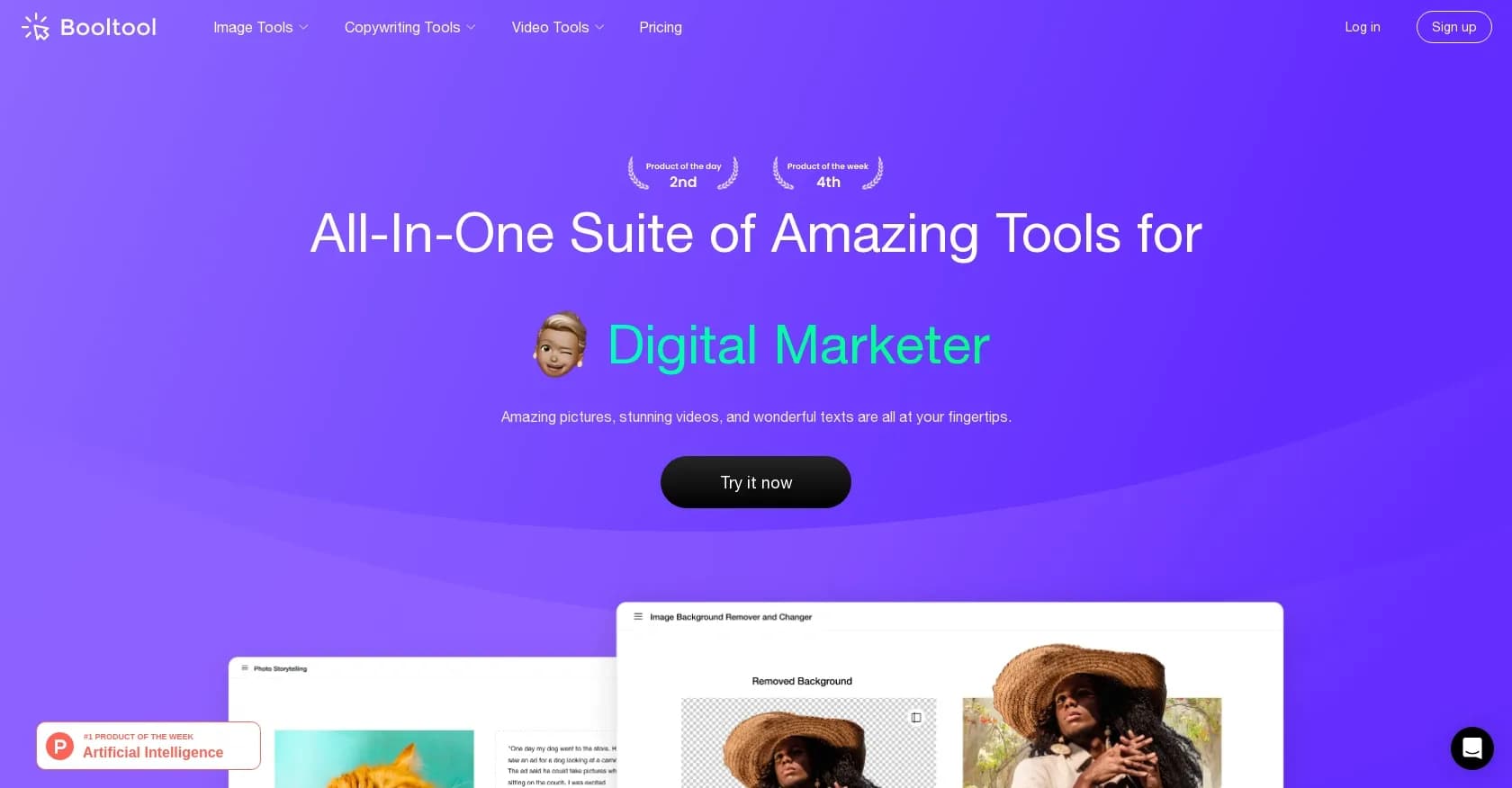 Booltool homepage screenshot — All-in-one suite for content creators and marketers